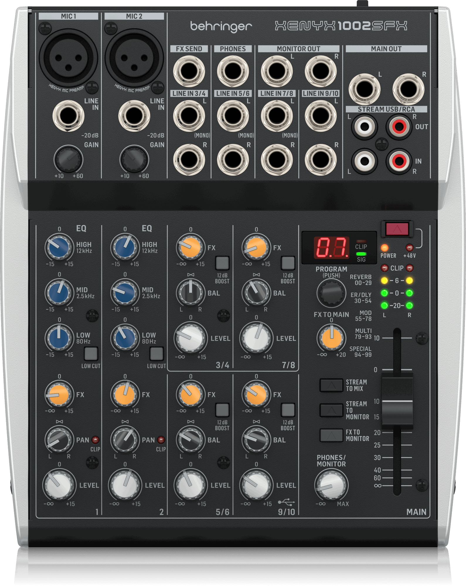 Behringer XENYX 1002SFX Premium Analog 10-Input Mixer with USB Audio Streaming Interface and Klark Teknik Effects - Zoso Music