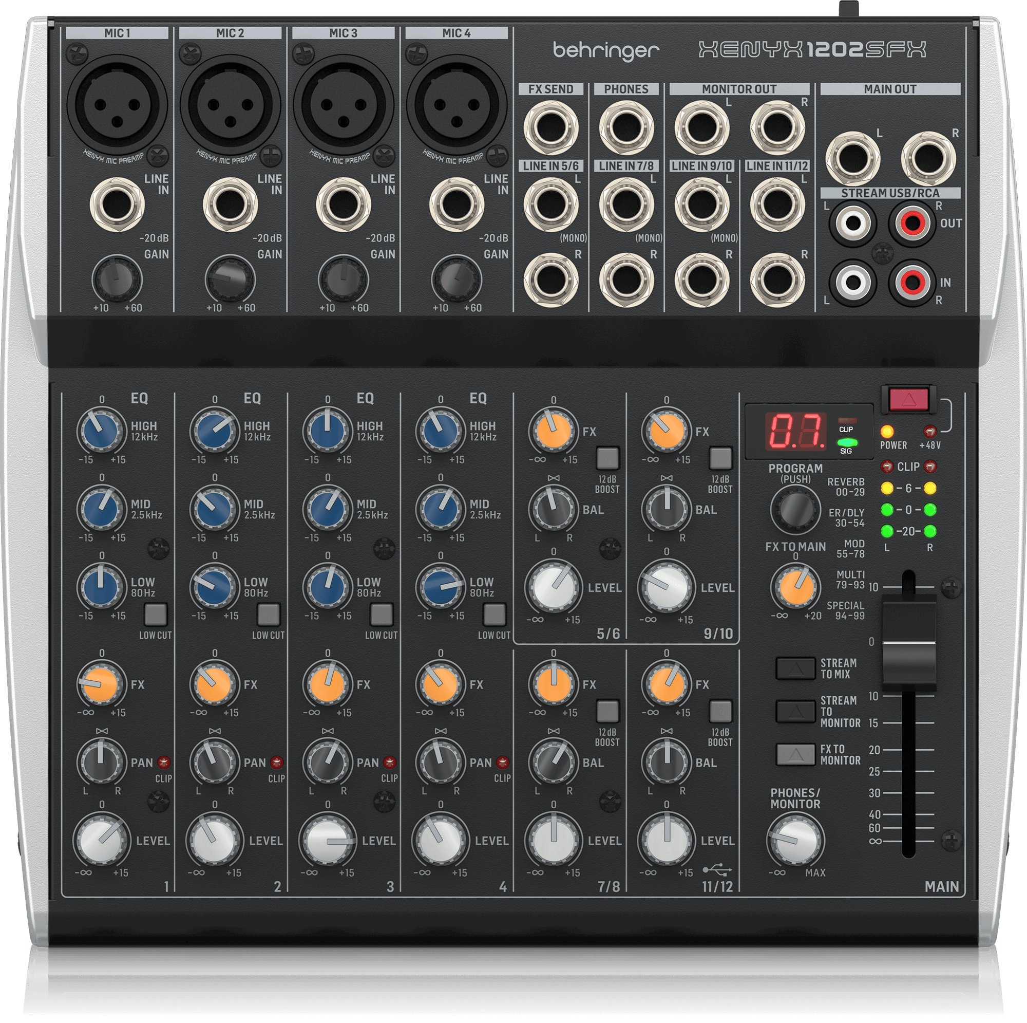 Behringer XENYX 1002SFX Premium Analog 10-Input Mixer with USB Audio Streaming Interface and Klark Teknik Effects - Zoso Music