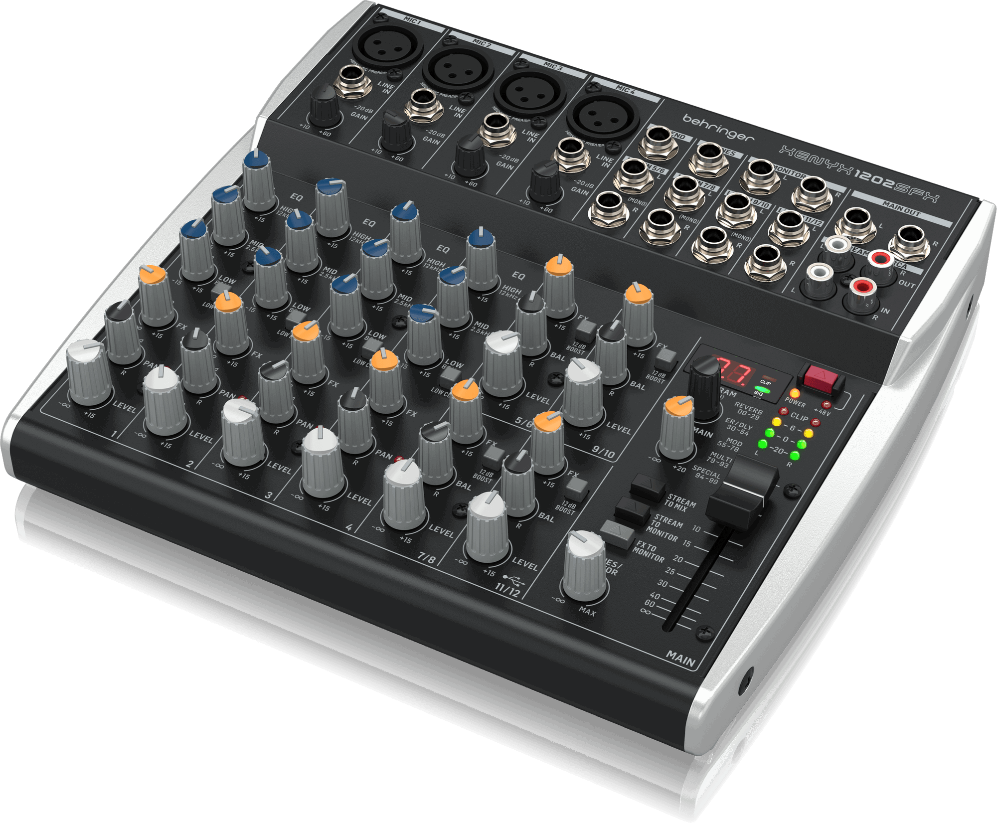 Behringer XENYX 1202SFX Premium Analog 12-Input Mixer with USB Audio Streaming Interface and Klark Teknik Effects