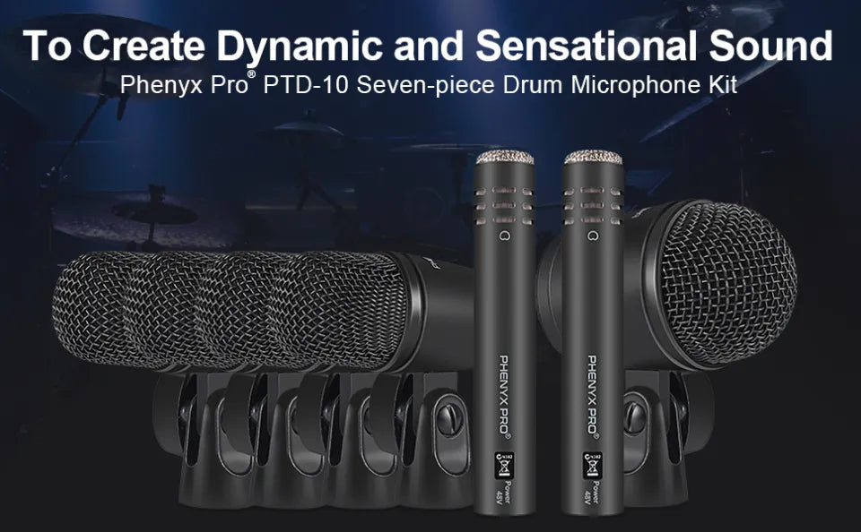 Phenyx Pro PTD-10 Drum Microphone Kit, Drum Mics 7-Pieces, Full Metal Wired Dynamic Drum Mic Set for Bass/Tom/Snare/Hi-hat Cymbals