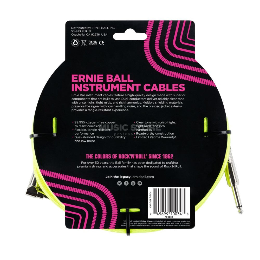Ernie Ball EB6080 Instrument Cable 10 Ft, Neon Yellow |  ERNIE BALL |  STRAP |  Zoso Music
