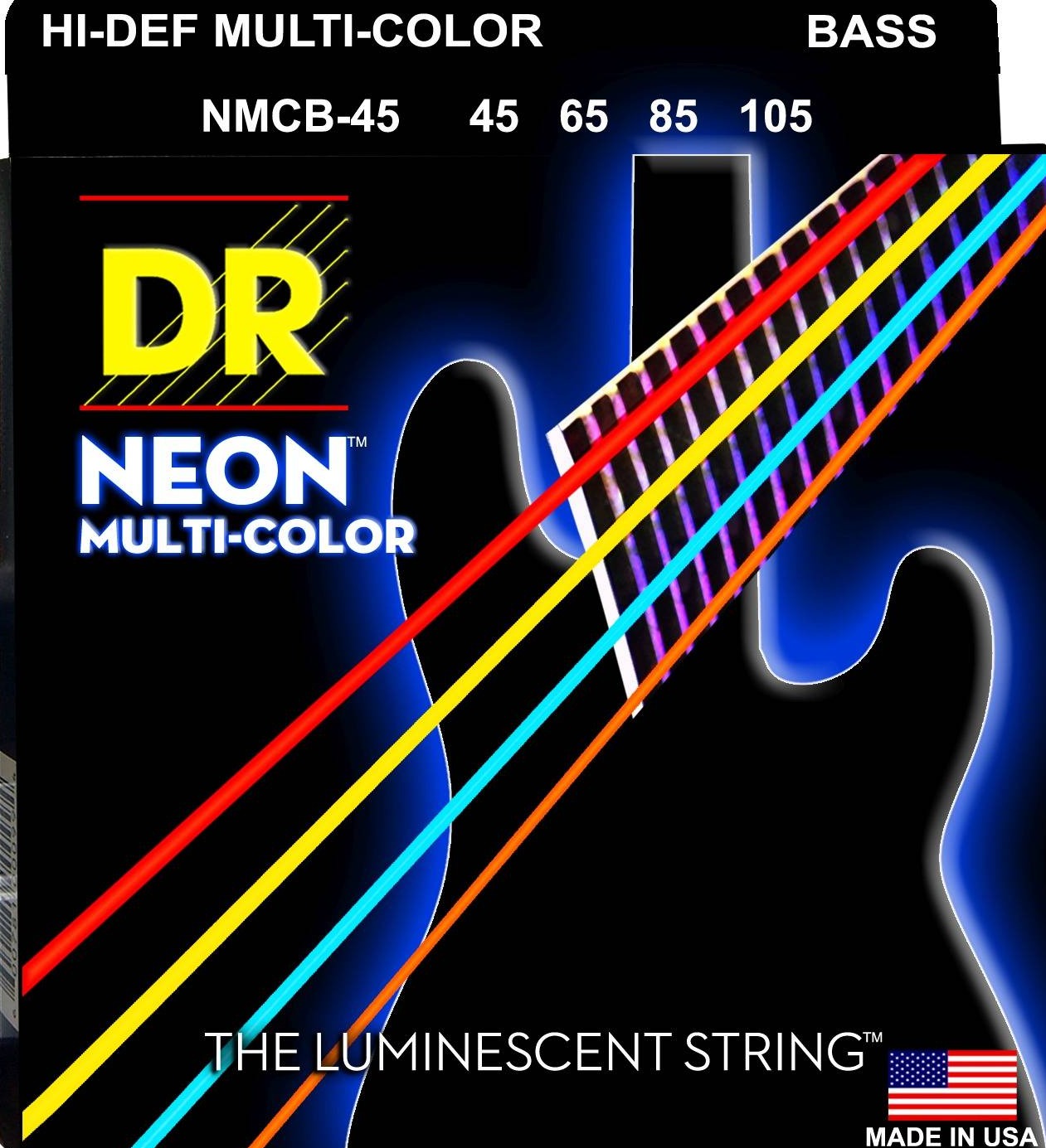 DR Strings NMCB-45 NEON Multi-Colour Coated Nickel Plated Bass Strings | 4-String Medium (045 - 105)