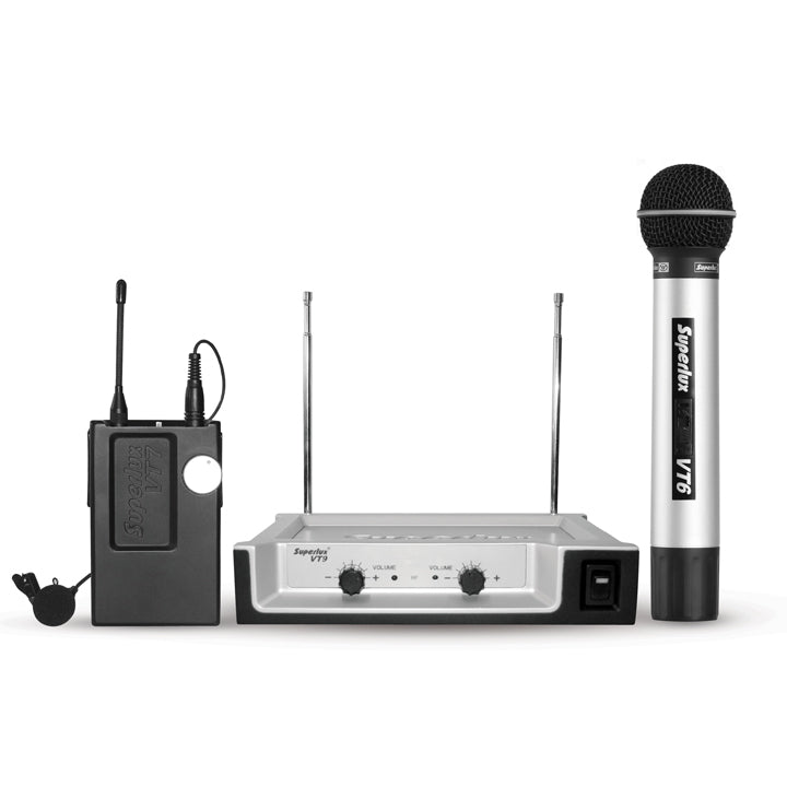 Superlux VT967/12A VHF Wireless microphone set,
w/ hand held mic x 1, w/lavaliere mic x 1