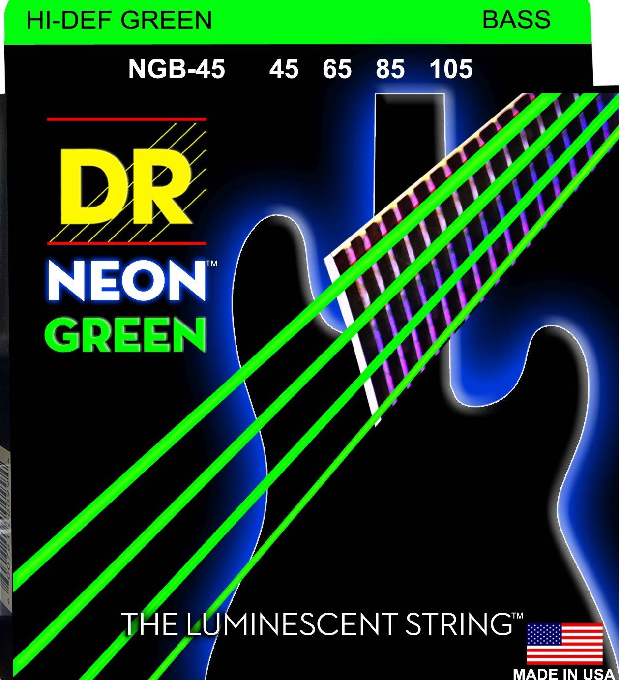 DR Strings NGB-45 NEON Green Coated Nickel Plated Bass Strings | 4-String Medium (045 - 105)