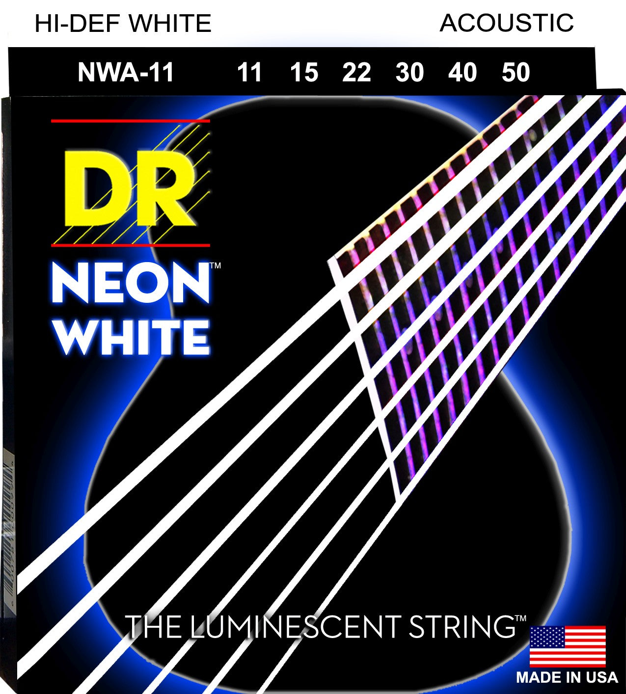 DR Strings NWA-11 NEON White Coated Phosphor Bronze Acoustic Guitar Strings | Custom Light (011 - 050)
