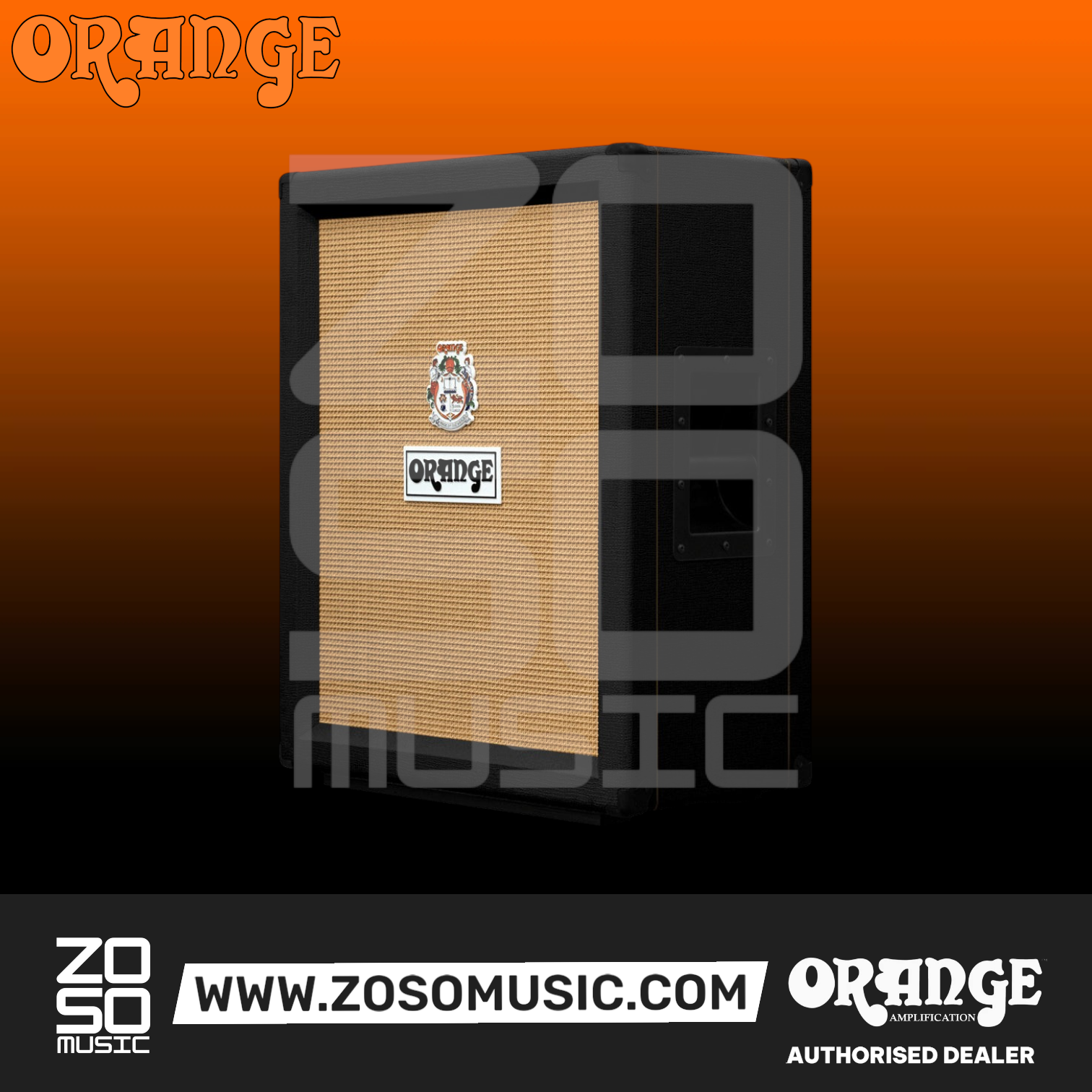 Zoso Music Orange PPC212V vertical guitar cabinet in black with woven grille cloth and two 12-inch Celestion speakers