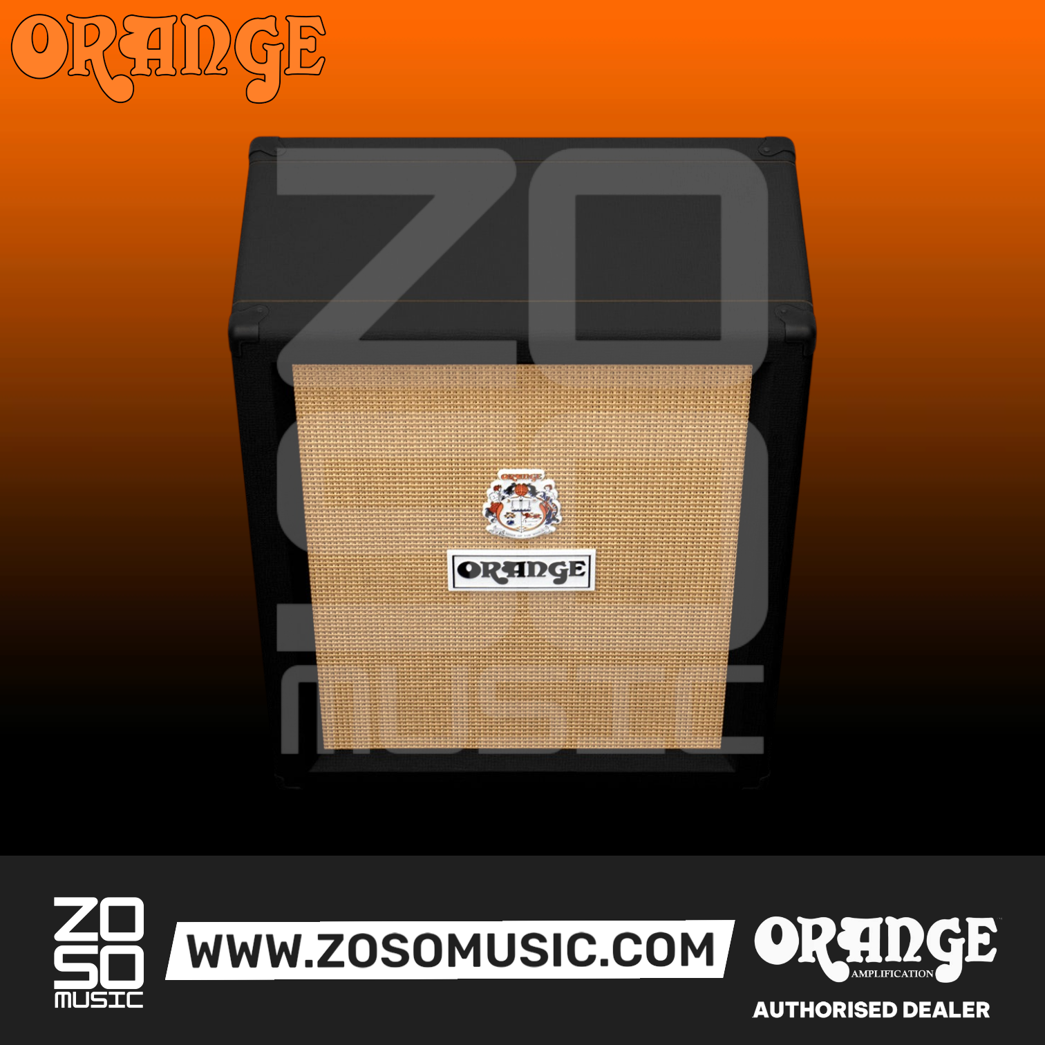 Zoso Music Orange PPC212V vertical guitar cabinet in black with woven grille cloth and Celestion Neo Creamback speakers
