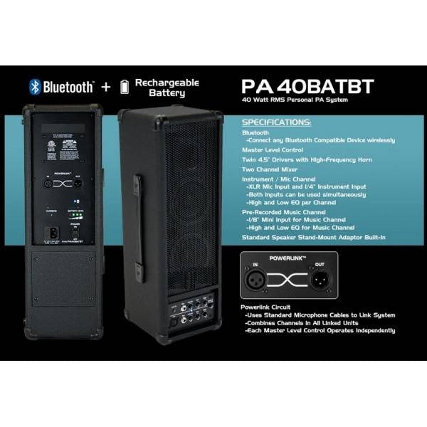 Kustom PA40BATBT Battery-powered Pa Speaker With Bluetooth, 40 Watt, 2 X 4.5Inch Speakers | Rechargable Battery
