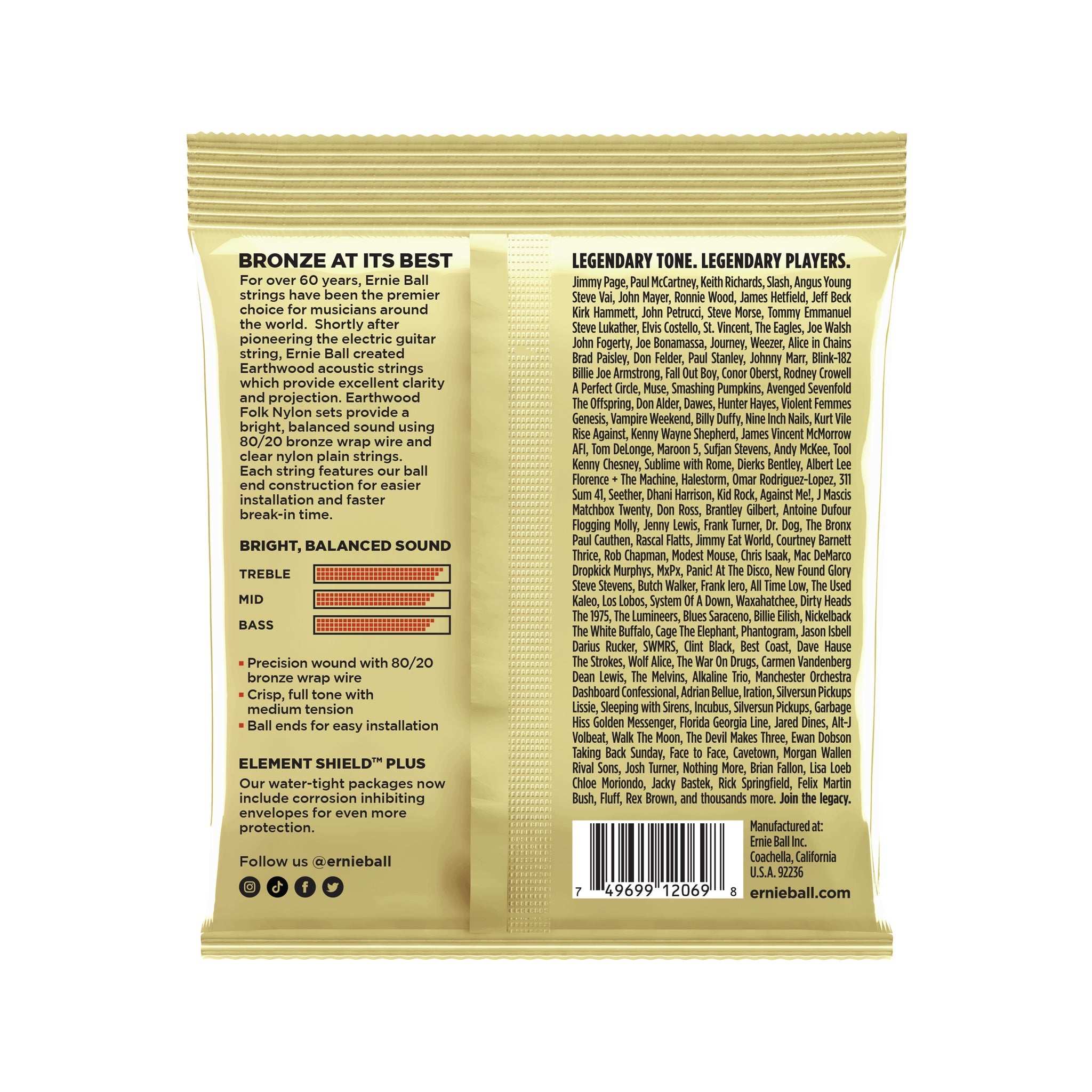 Ernie Ball Earthwood 80/20 Bronze Folk Nylon Classical Guitar Strings, 28-42