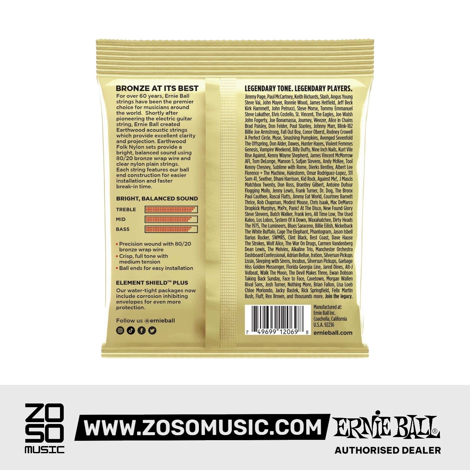 Ernie Ball Earthwood 80/20 Bronze Folk Nylon Classical Guitar Strings, 28-42
