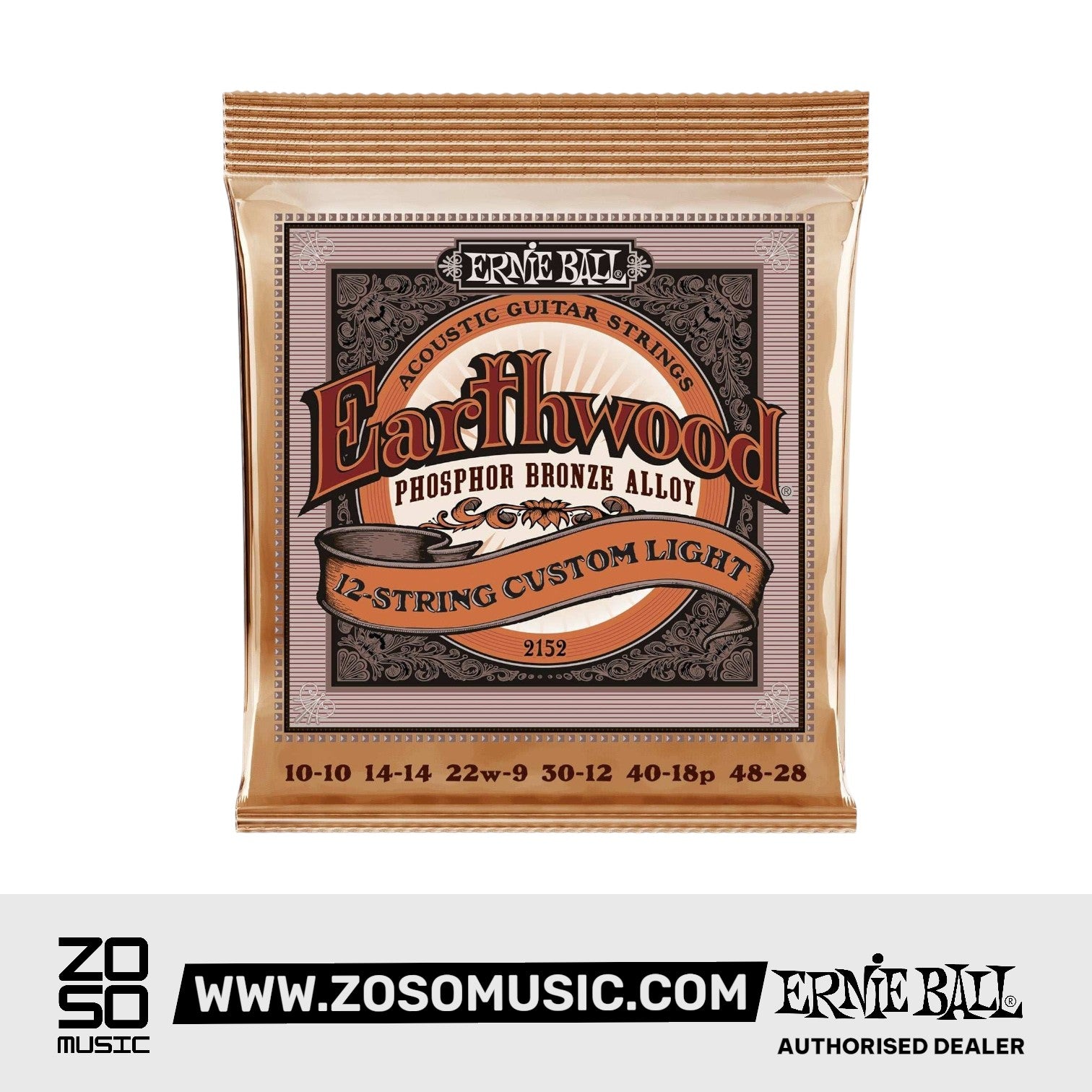 Ernie Ball Earthwood 12-String Custom Light Phosphor Bronze Acoustic Guitar Strings, 10-48 | Zoso Music Sdn Bhd