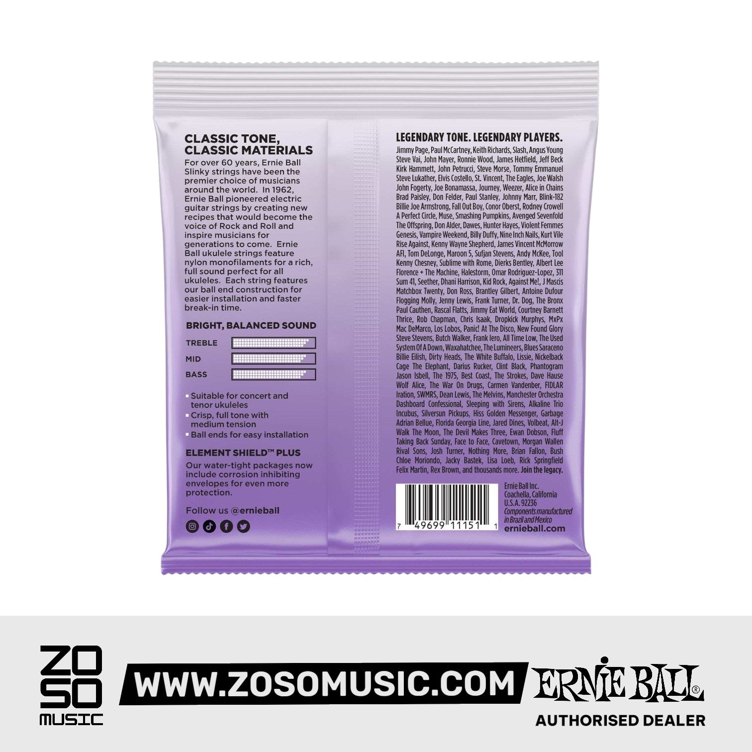Ernie Ball Concert/Tenor Nylon Ball End Low G Ukulele Strings, Black
