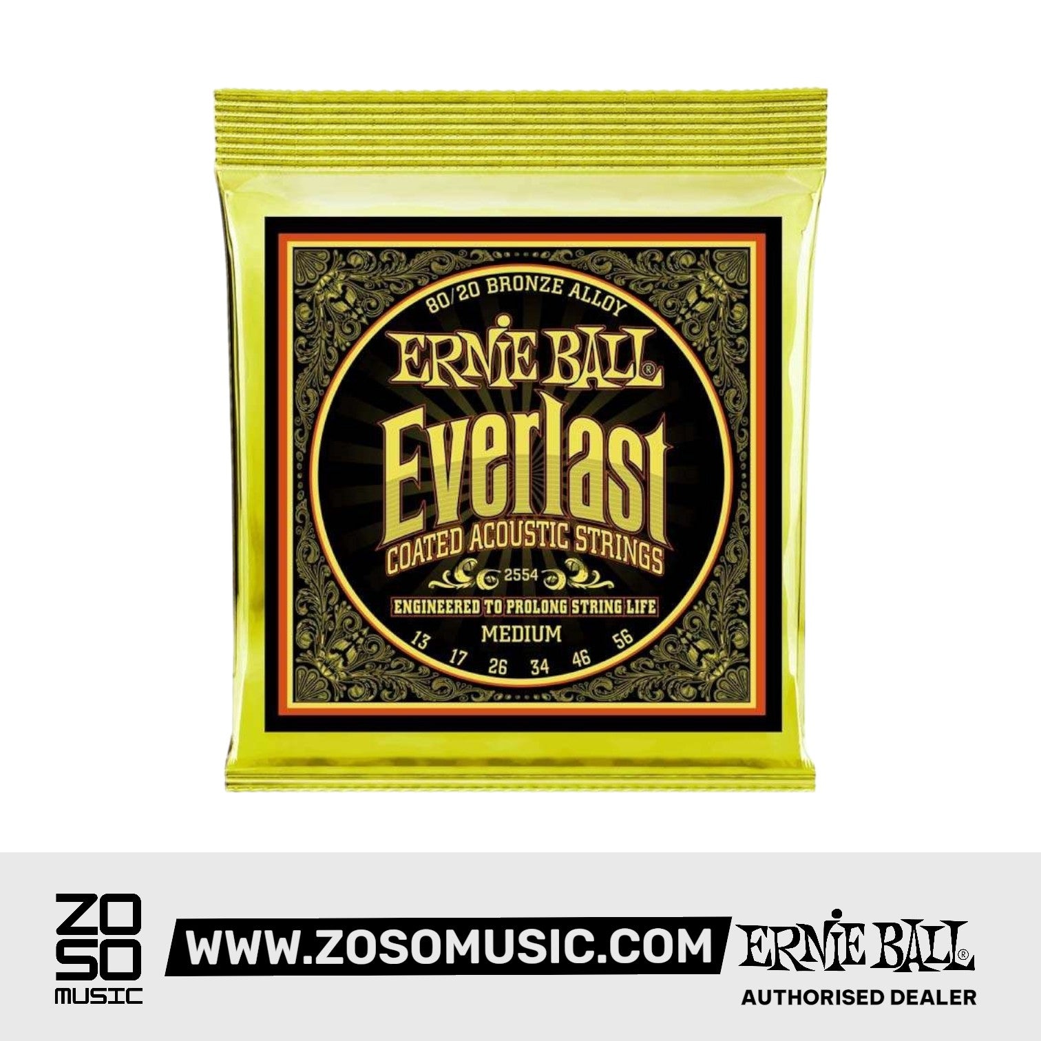 Ernie Ball Everlast Medium Coated Phosphor Bronze Acoustic Guitar Strings, 13-56 | Zoso Music Sdn Bhd
