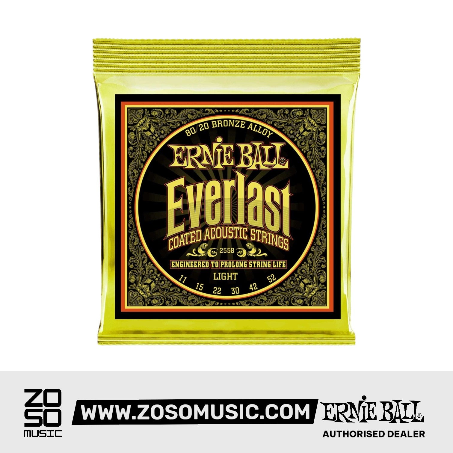 Ernie Ball Everlast Light Coated Phosphor Bronze Acoustic Guitar Strings, 11-52 | Zoso Music Sdn Bhd