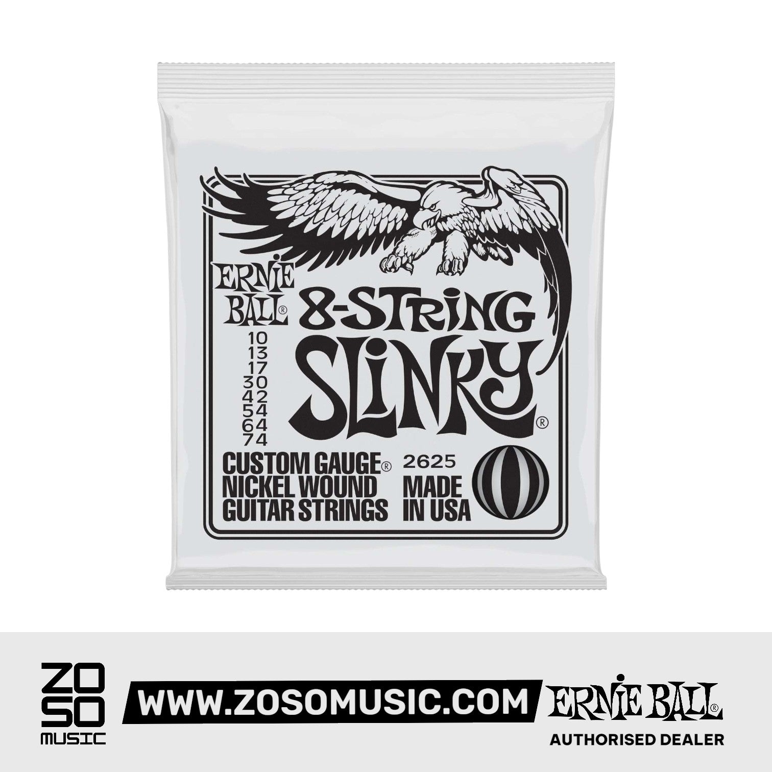 Ernie Ball Slinky 8-String Nickel Wound Electric Guitar Strings, 10-74 | Zoso Music Sdn Bhd