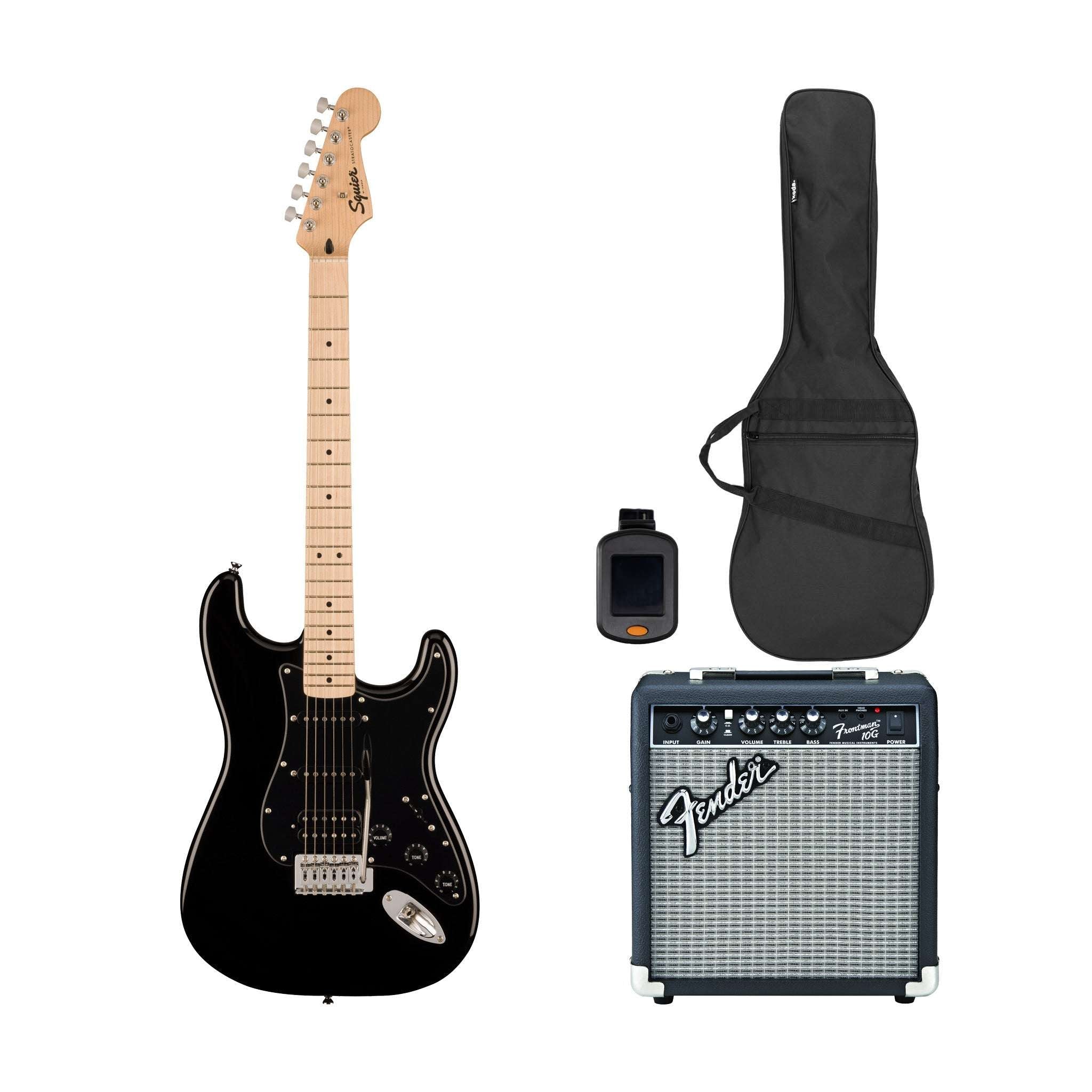 Squier Sonic Stratocaster HSS Electric Guitar Bundle w/Black Pickguard, Maple FB, Black | Zoso Music Sdn Bhd