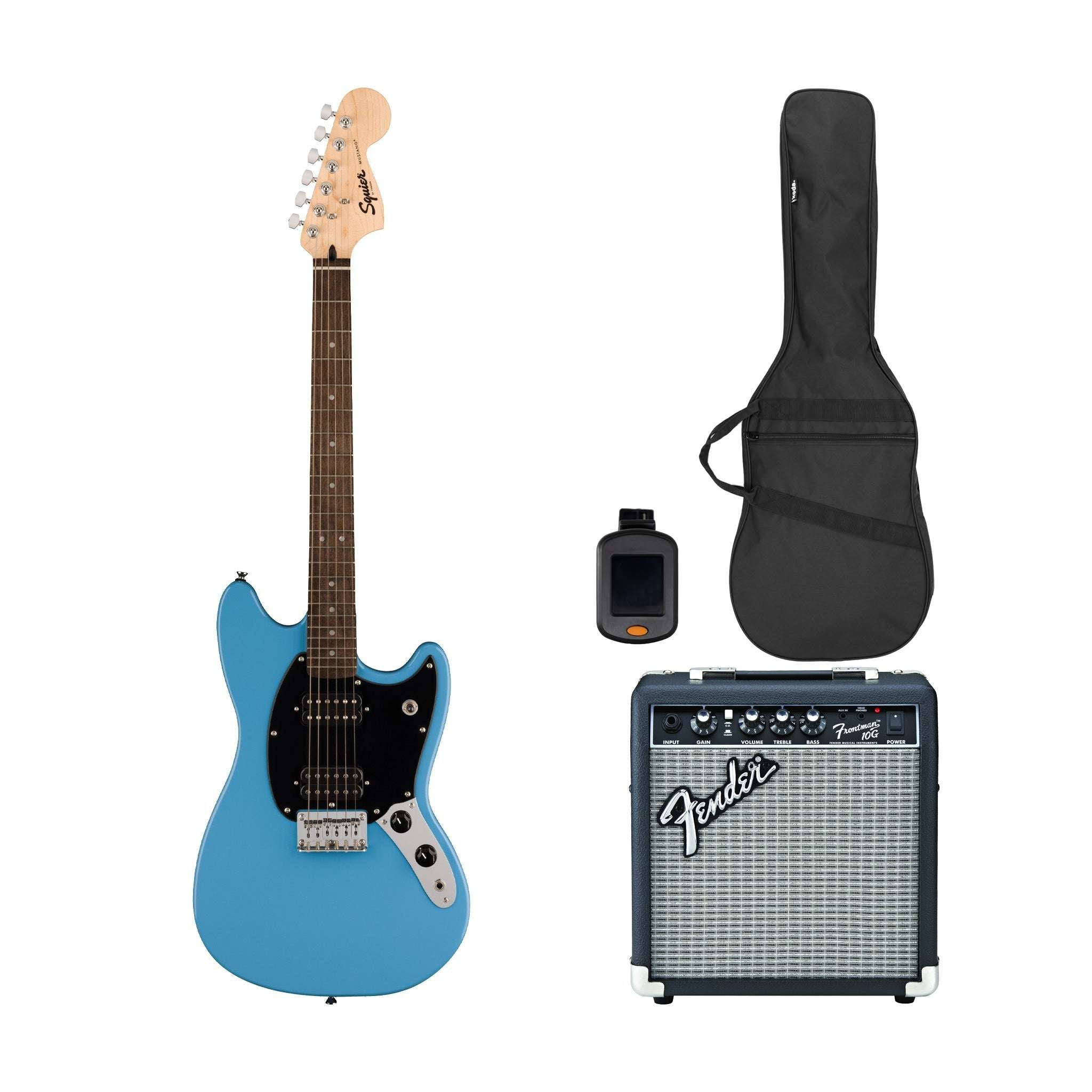 Squier Sonic Mustang HH Electric Guitar Bundle w/Black Pickguard, Laurel FB, California Blue | Zoso Music Sdn Bhd