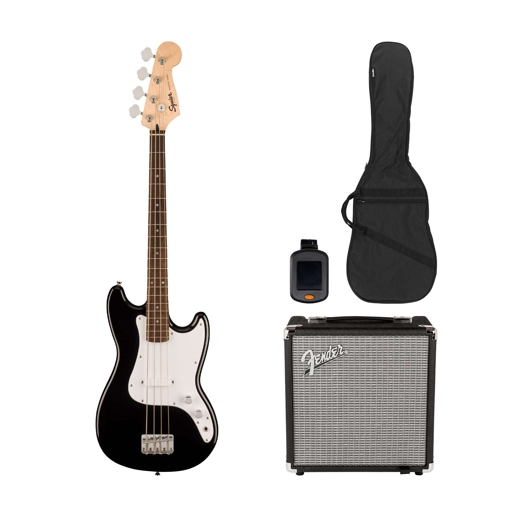 Squier Sonic Bronco Bass Guitar Bundle w/White Pickguard, Laurel FB, Black | Zoso Music Sdn Bhd