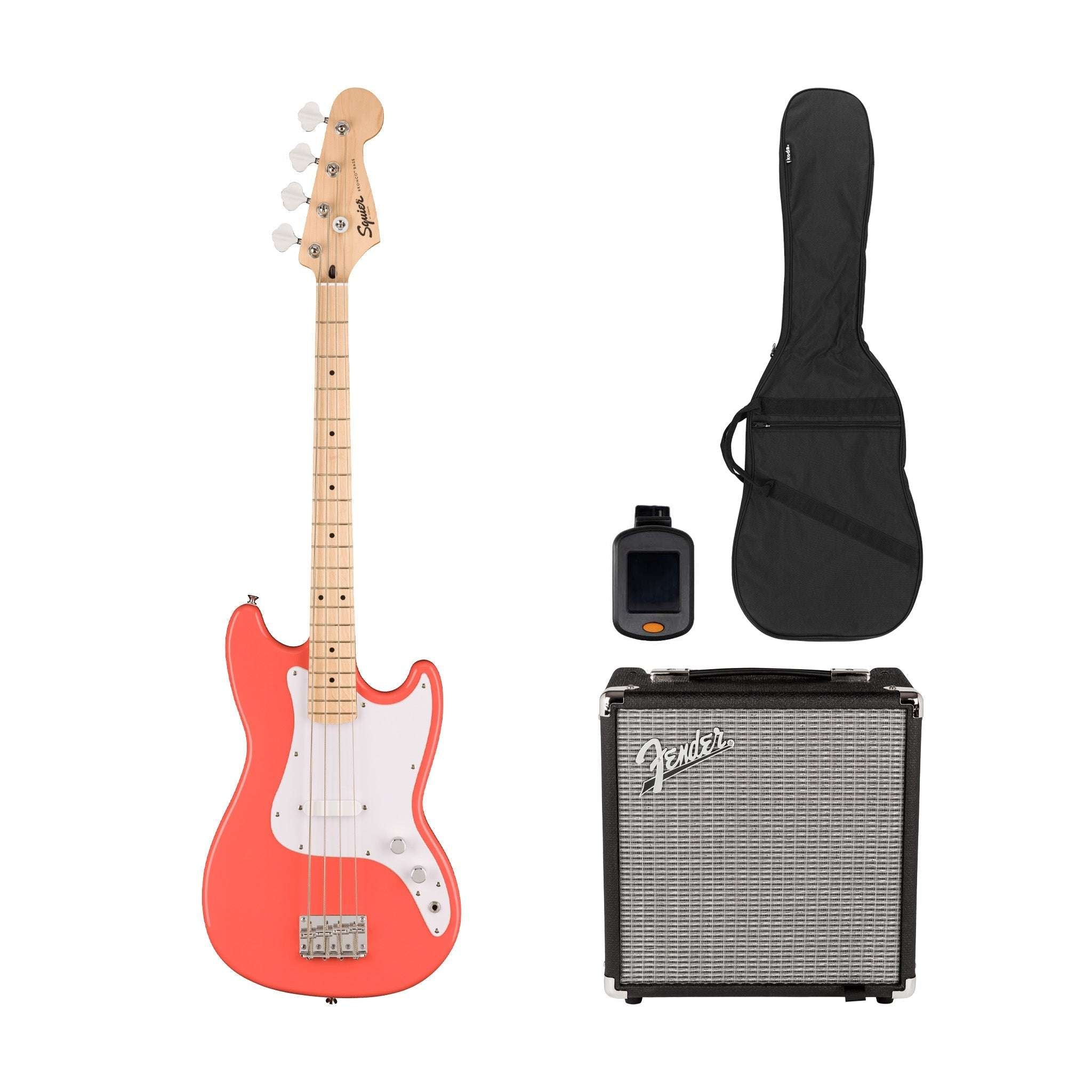 Squier Sonic Bronco Bass Guitar Bundle w/White Pickguard, Maple FB, Tahitian Coral | Zoso Music Sdn Bhd