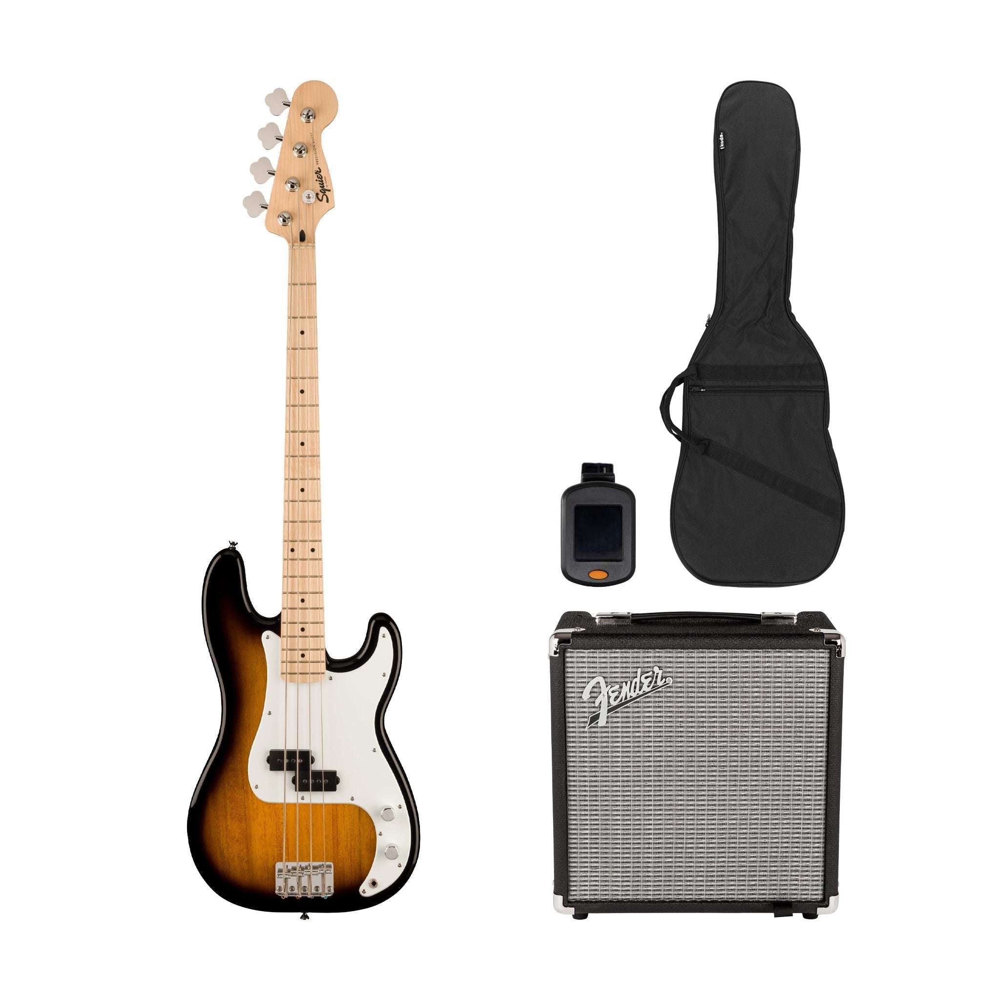 Squier Sonic Precision Bass Guitar Bundle w/White Pickguard, Maple FB, 2-Color Sunburst | Zoso Music Sdn Bhd