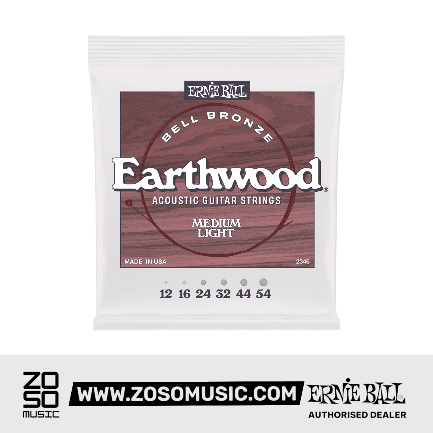 Zoso Music Ernie Ball Earthwood Medium Light Bell Bronze acoustic guitar strings in white and maroon packaging