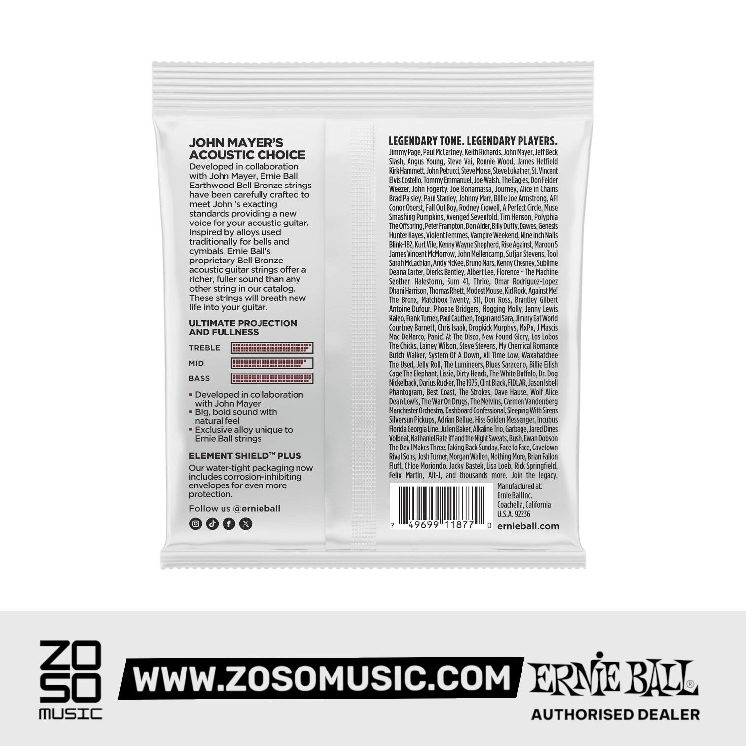 Zoso Music Ernie Ball Earthwood Bell Bronze acoustic guitar strings packaging back view with product details
