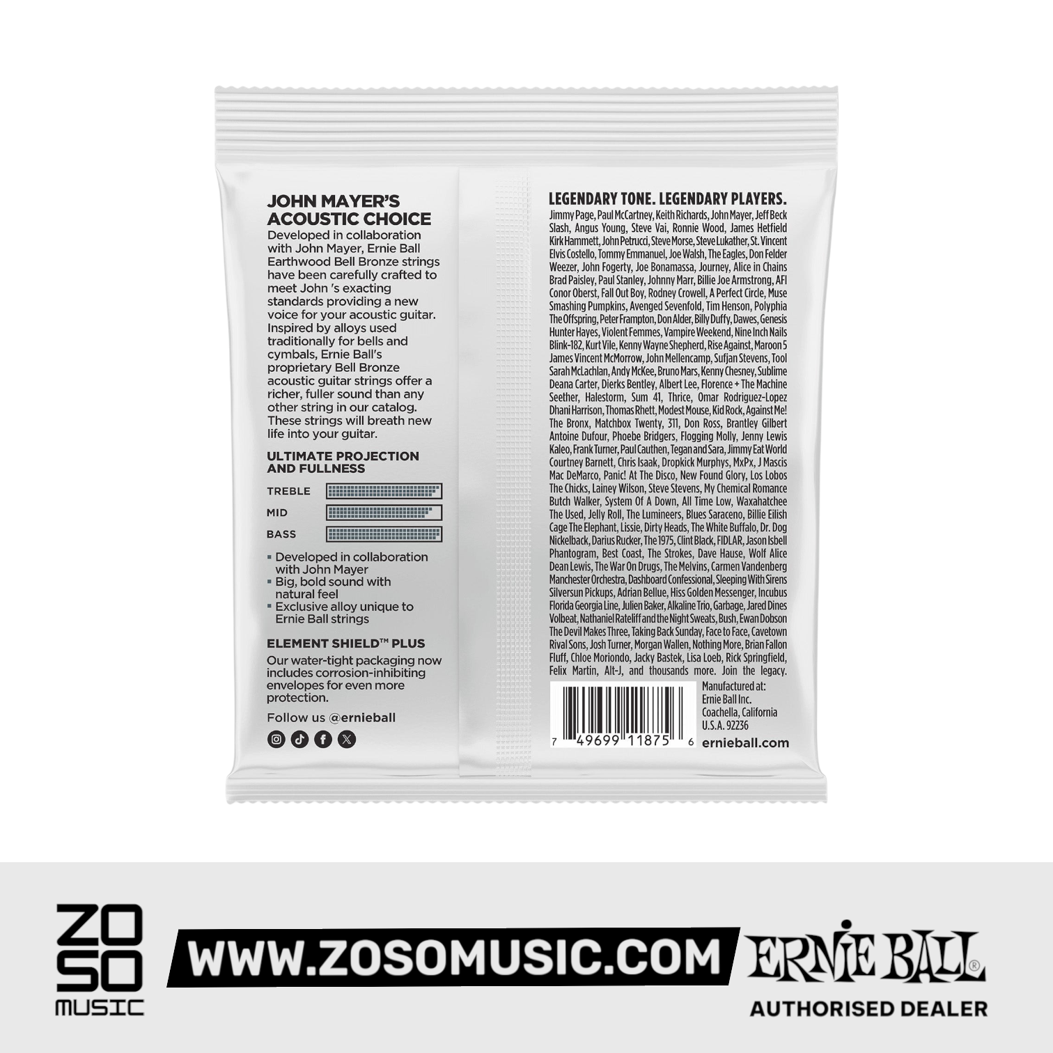 Zoso Music Ernie Ball Earthwood light bell bronze acoustic guitar string packaging back view with product details
