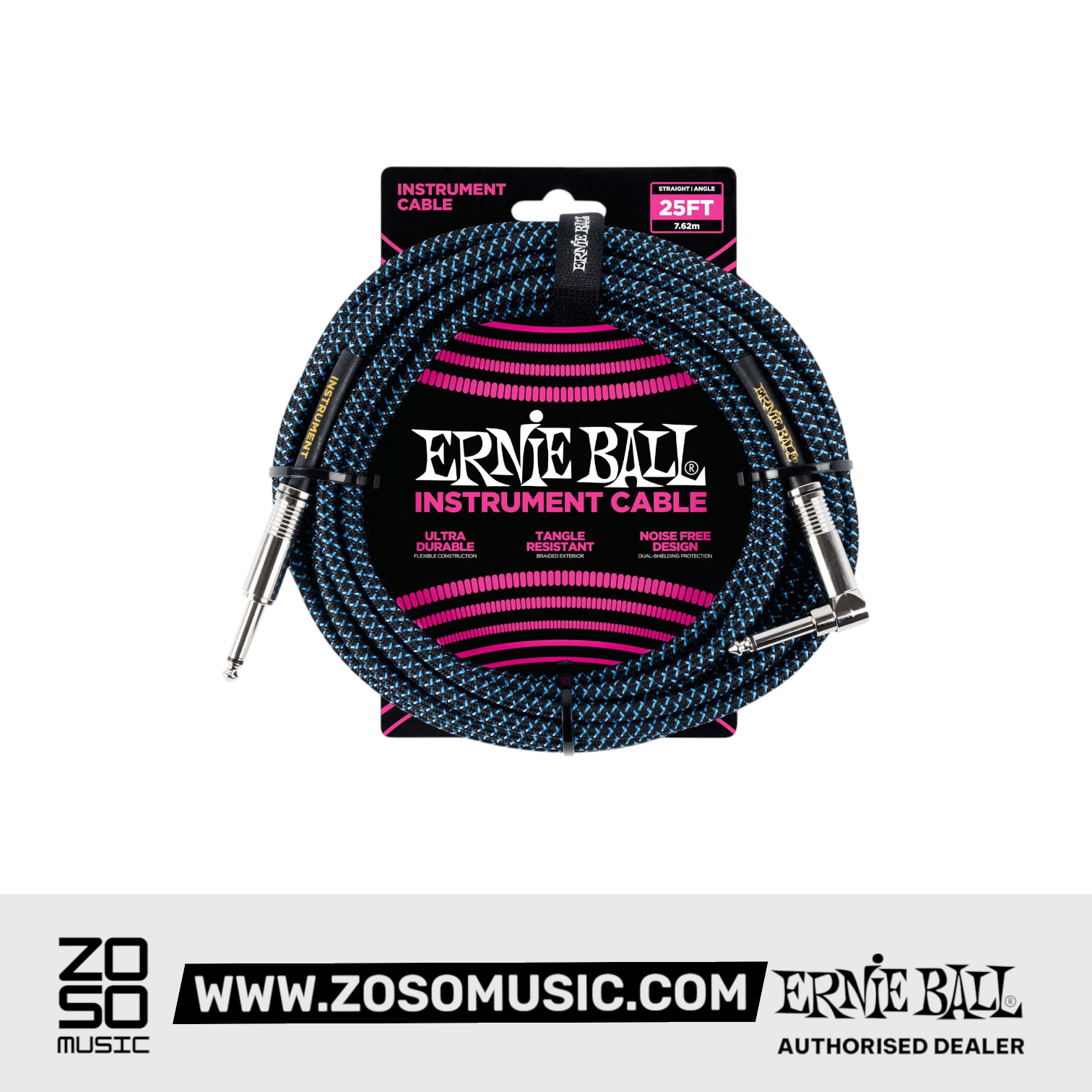 Zoso Music Ernie Ball braided instrument cable with straight to angle plugs in blue and black