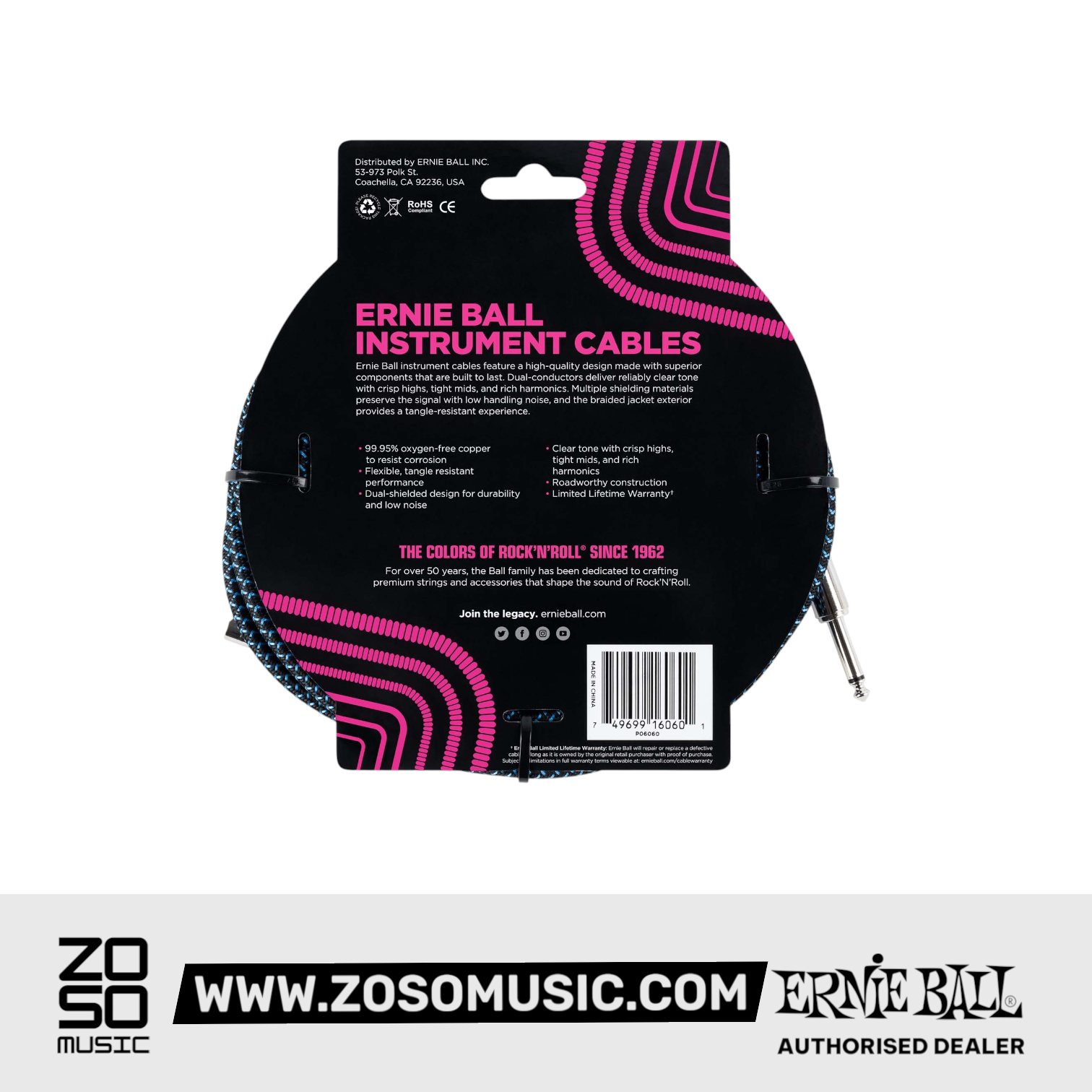 Zoso Music Ernie Ball 10ft braided instrument cable packaging showing product features and specifications