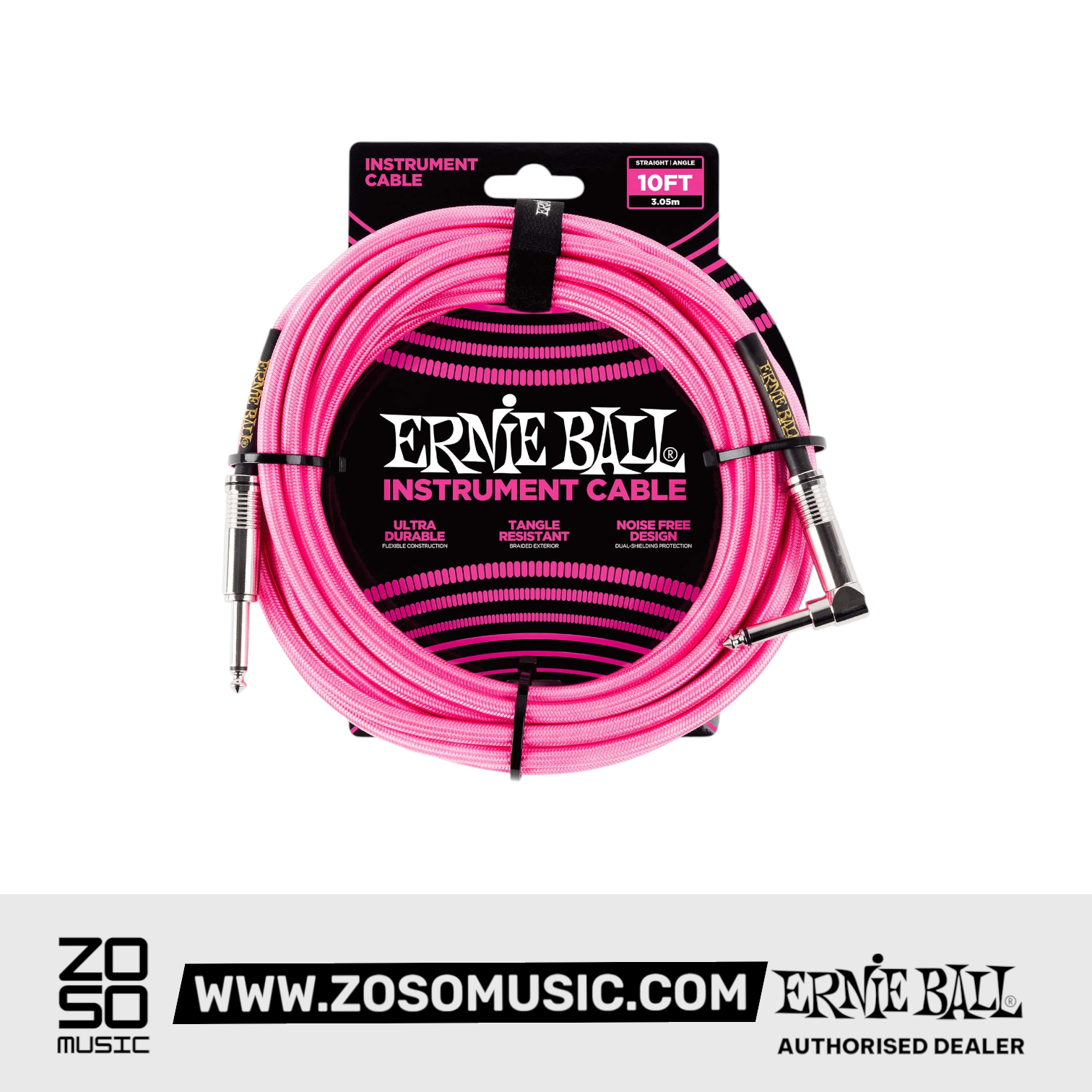 Zoso Music Ernie Ball 10ft pink braided instrument cable with straight to angle connectors in retail packaging