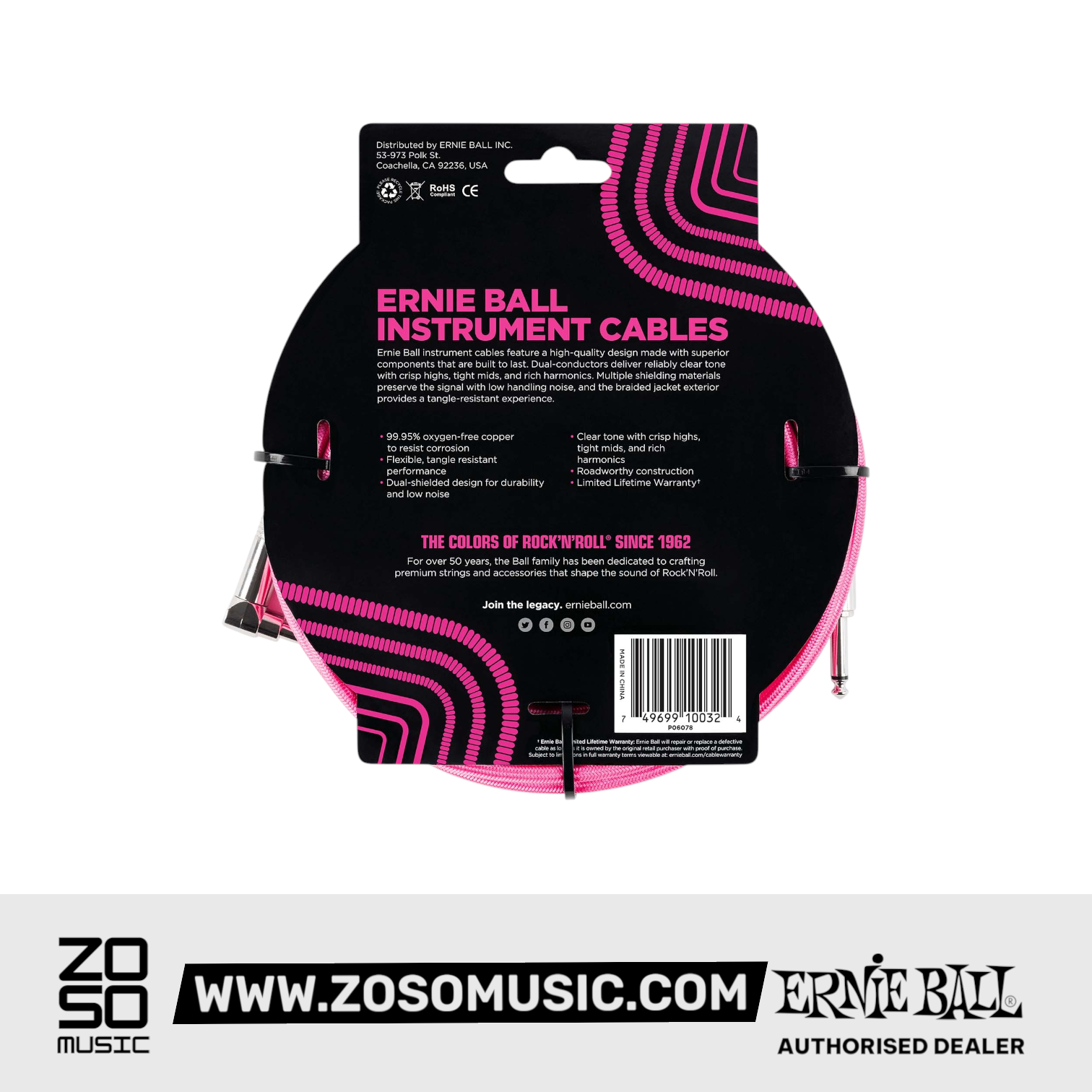 Zoso Music Ernie Ball 10ft braided pink instrument cable packaging with straight and angled connectors