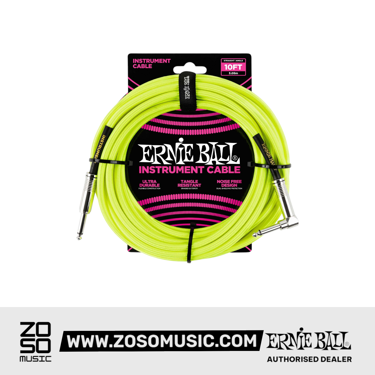 Zoso Music Ernie Ball 10ft neon yellow braided instrument cable with straight to angle plugs in retail packaging