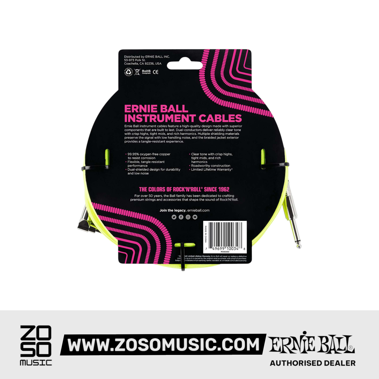 Zoso Music Ernie Ball braided instrument cable packaging showing product features and specifications on a round card