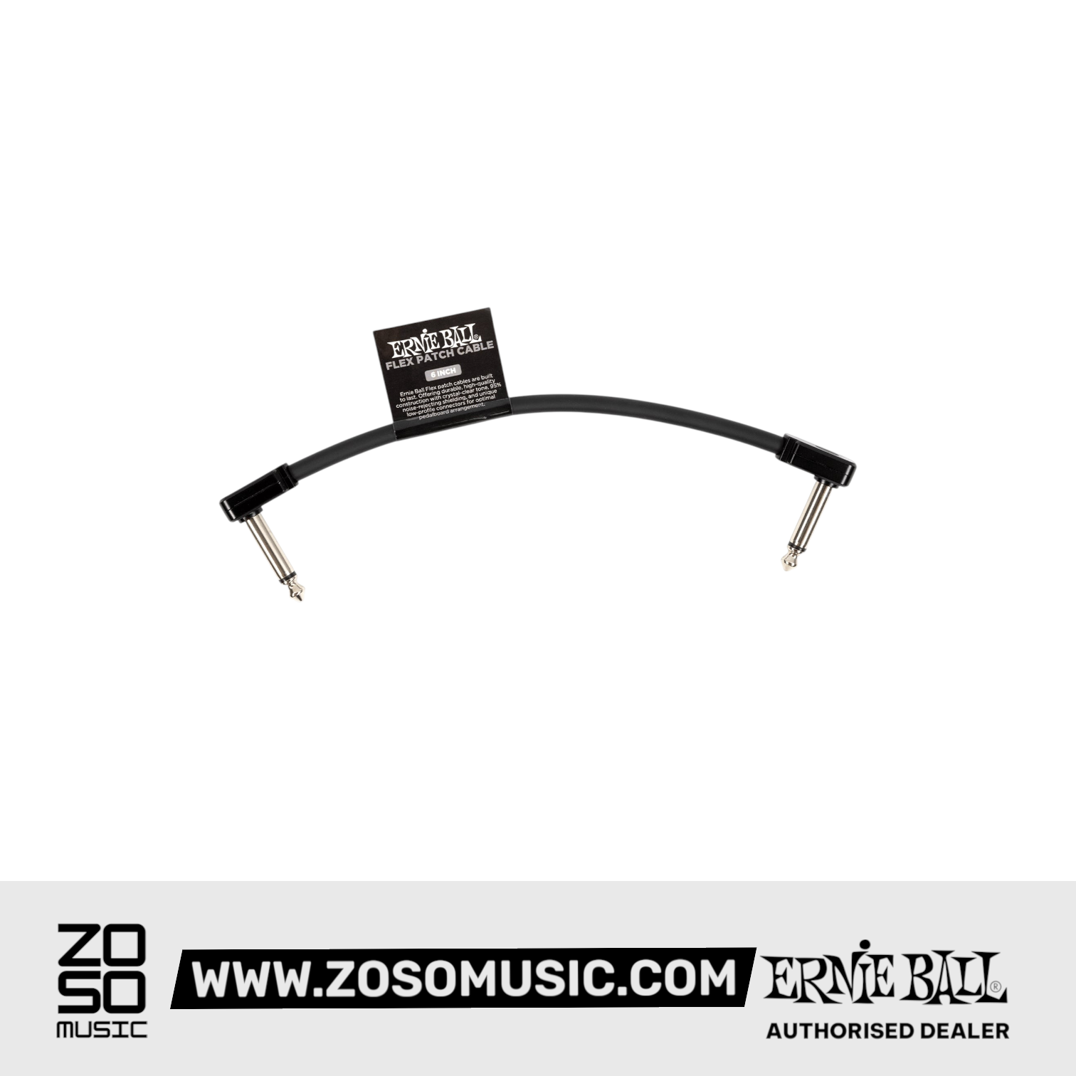 Zoso Music Ernie Ball 6-inch black flex instrument patch cable with low-profile connectors for pedalboards