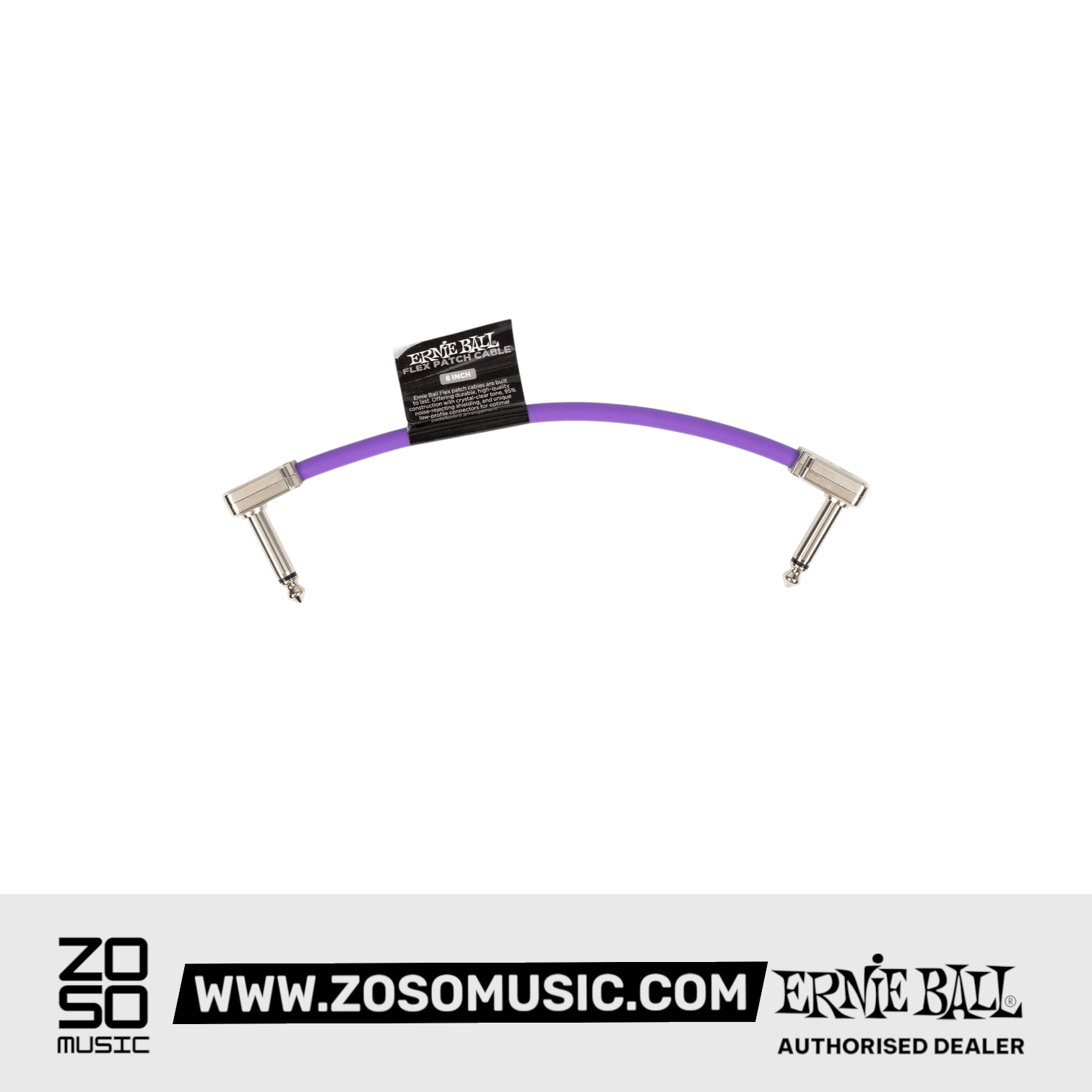 Zoso Music Ernie Ball 6-inch purple flex instrument patch cable with low-profile right-angle connectors
