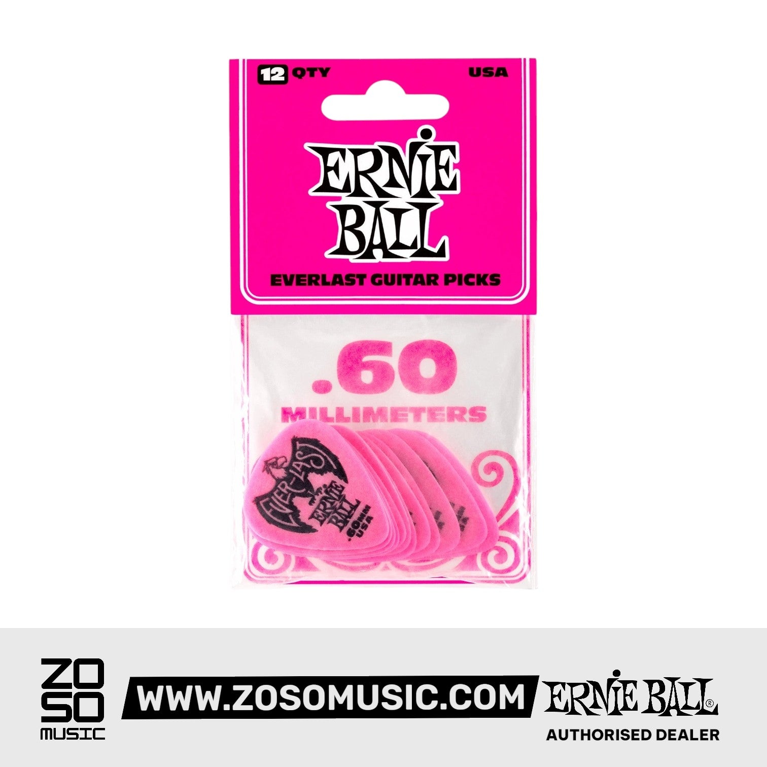 Ernie Ball Everlast Delrin .60mm Guitar Picks, Pink, 12-Pack