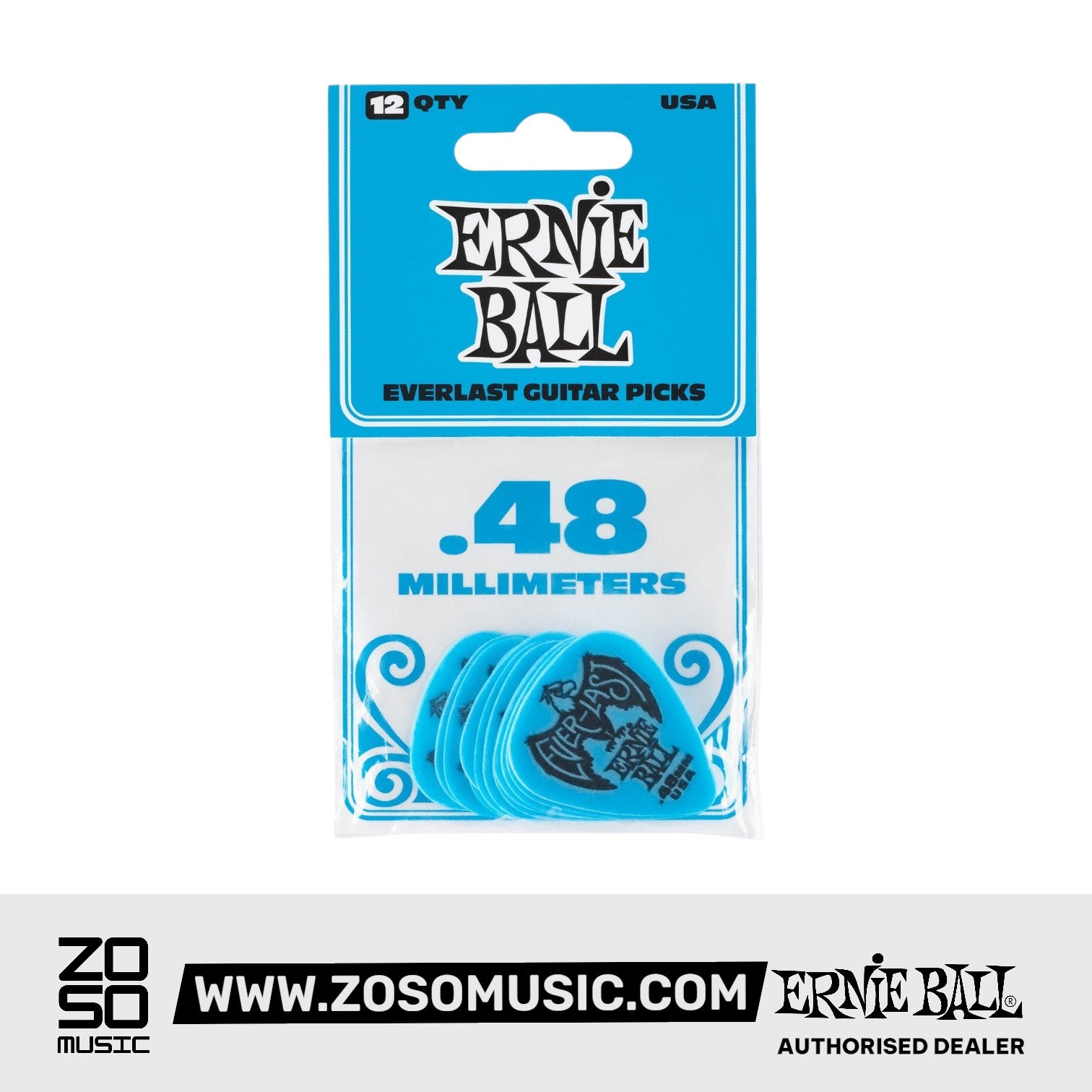 Ernie Ball Everlast Delrin .48mm Guitar Picks, Blue, 12-Pack