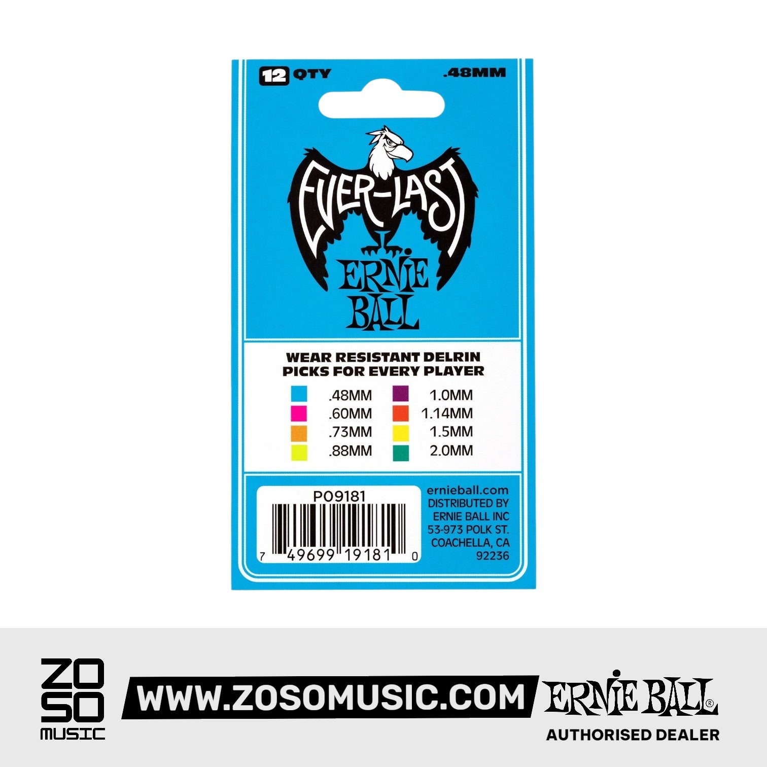 Ernie Ball Everlast Delrin .48mm Guitar Picks, Blue, 12-Pack