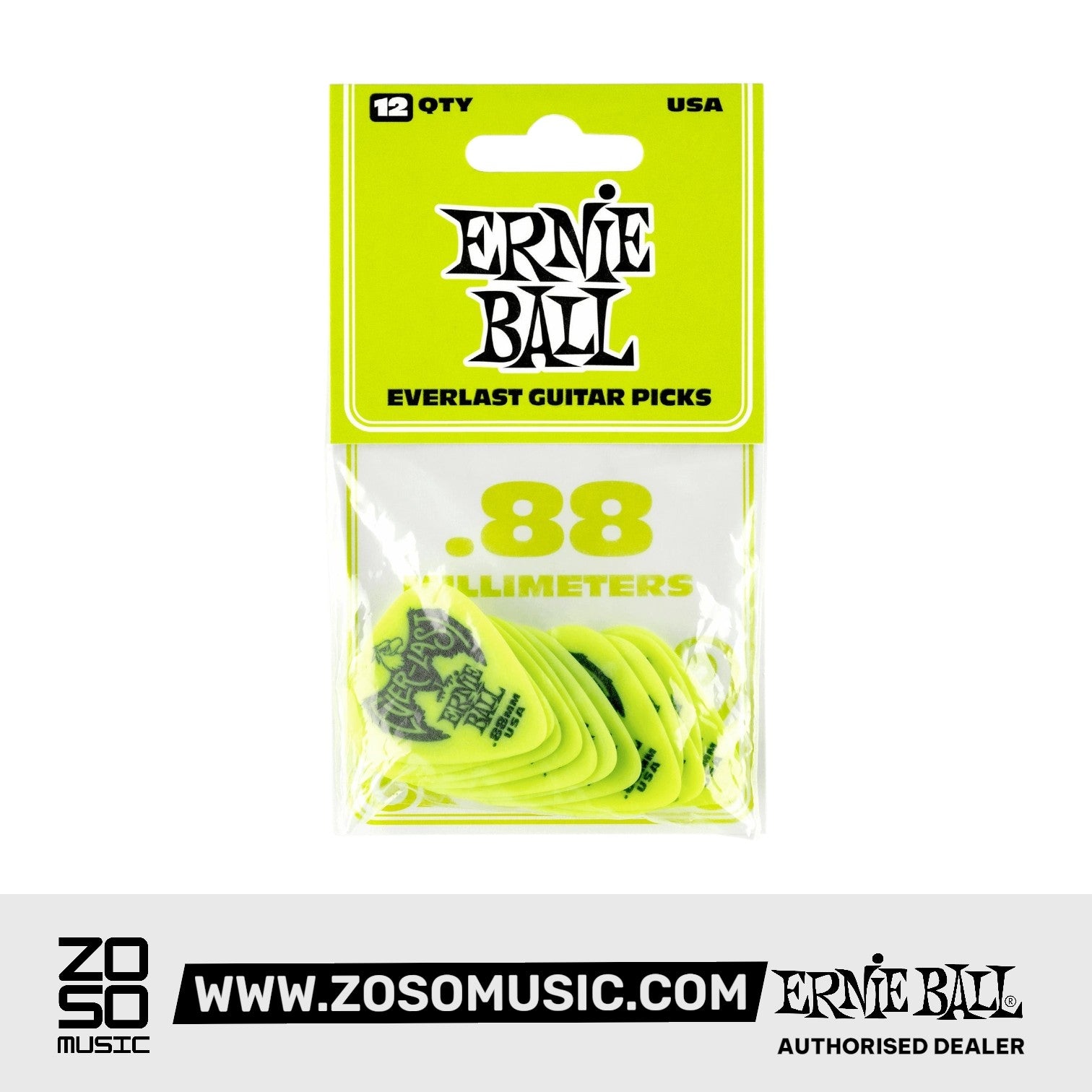 Ernie Ball Everlast Delrin .88mm Guitar Picks, Green, 12-Pack