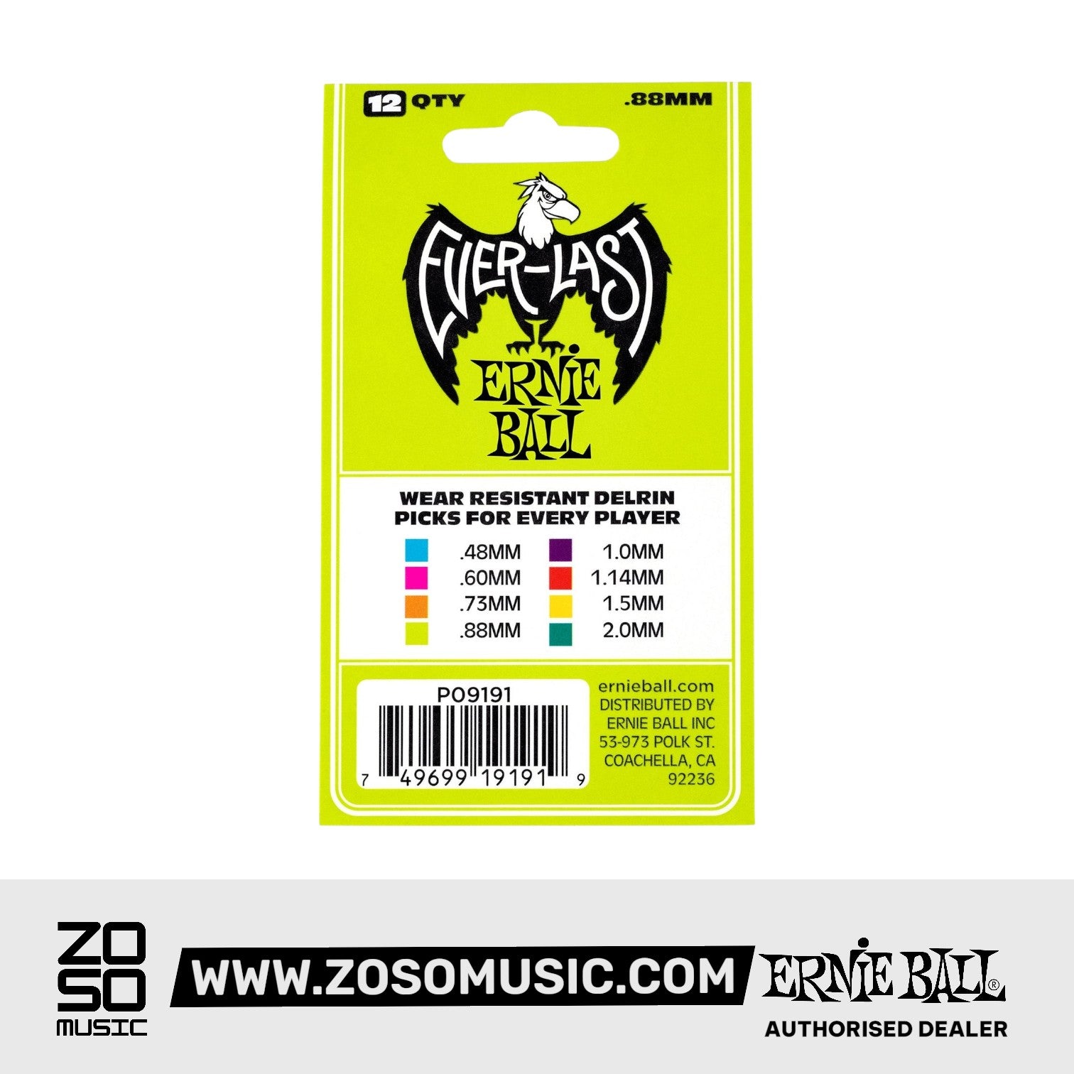 Ernie Ball Everlast Delrin .88mm Guitar Picks, Green, 12-Pack