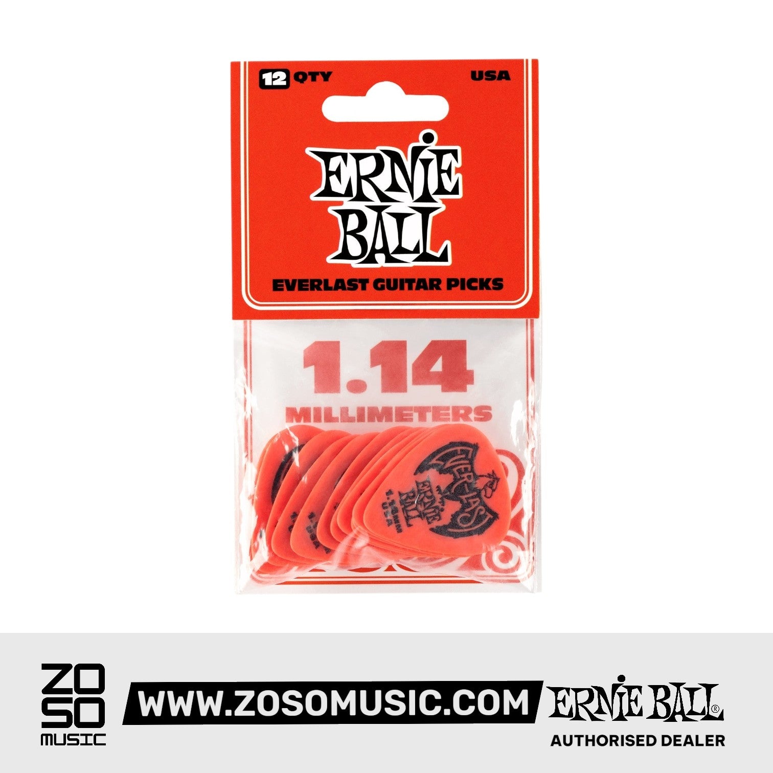 Ernie Ball Everlast Delrin 1.14mm Guitar Picks, Red, 12-Pack