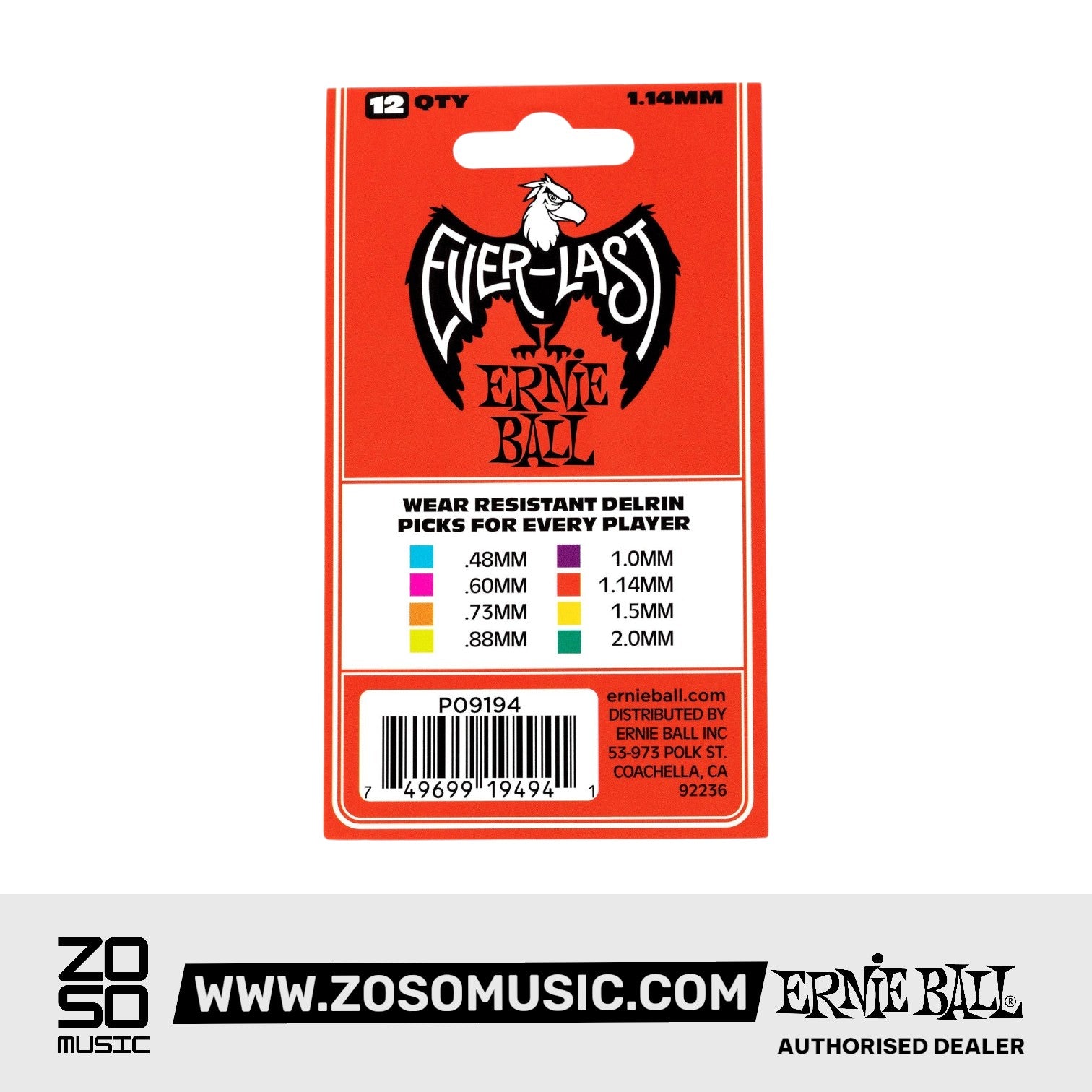 Ernie Ball Everlast Delrin 1.14mm Guitar Picks, Red, 12-Pack