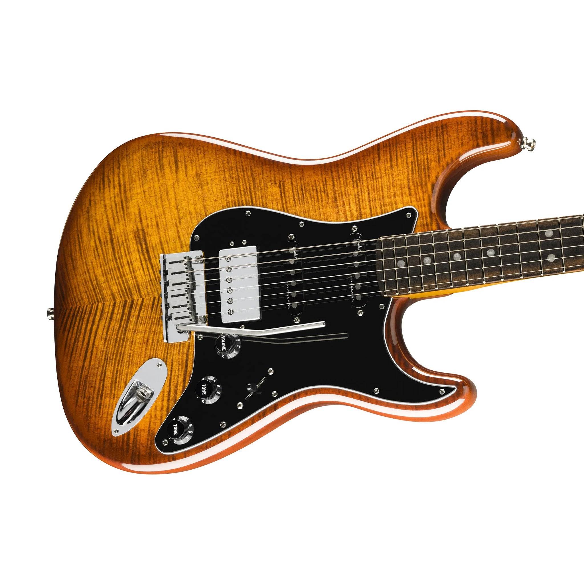 Fender FSR American Ultra HSS Stratocaster Electric Guitar, Ebony FB, Tiger