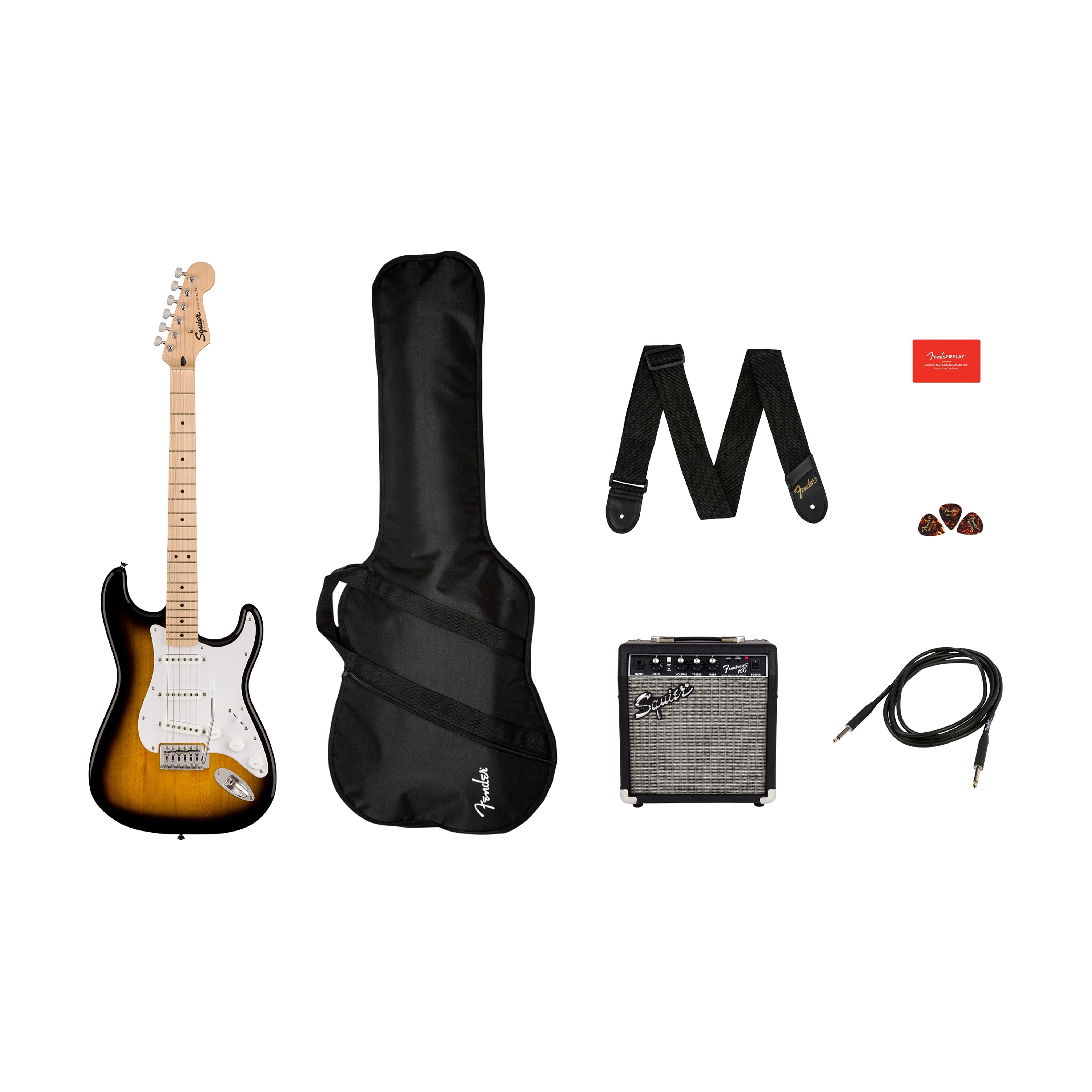 Squier Sonic Stratocaster Pack w/Gig Bag, Maple FB, 10G, 230V UK, 2-Color Sunburst