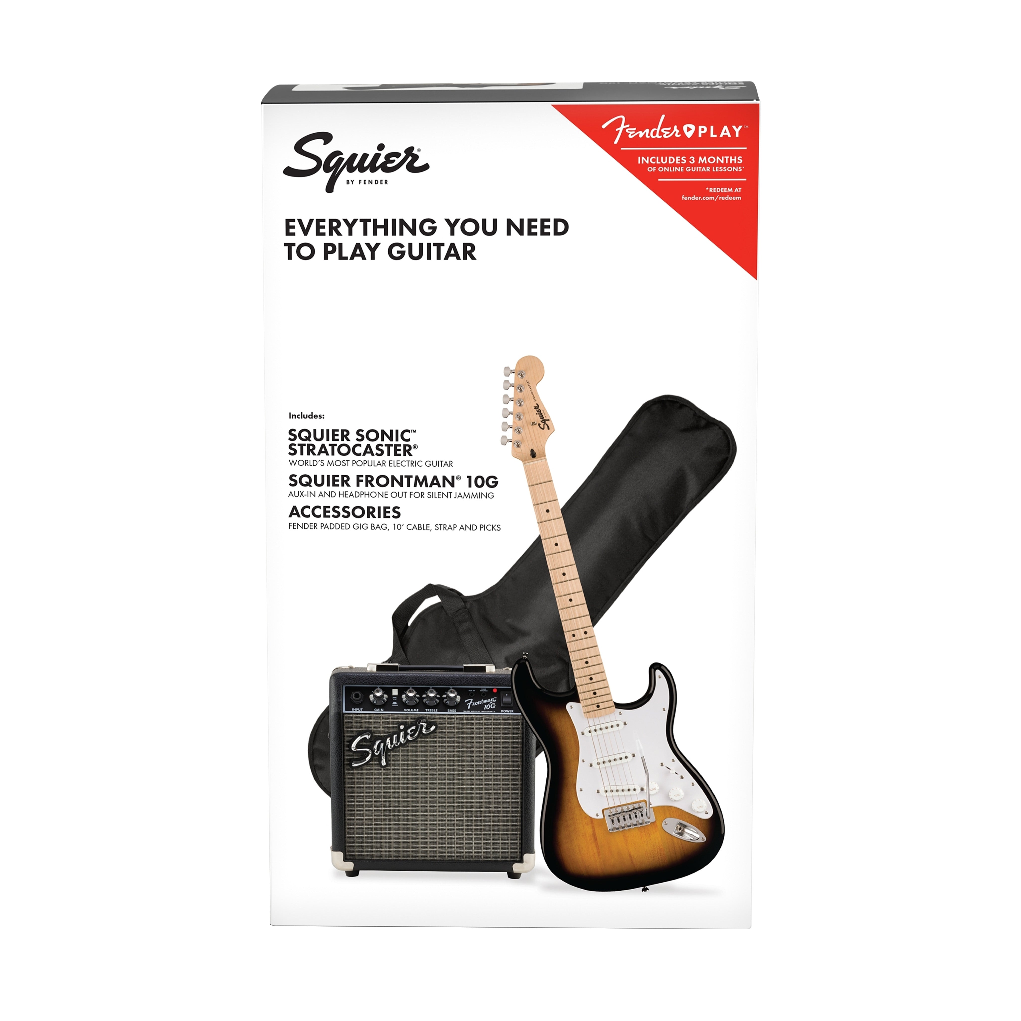 Squier Sonic Stratocaster Pack w/Gig Bag, Maple FB, 10G, 230V UK, 2-Color Sunburst