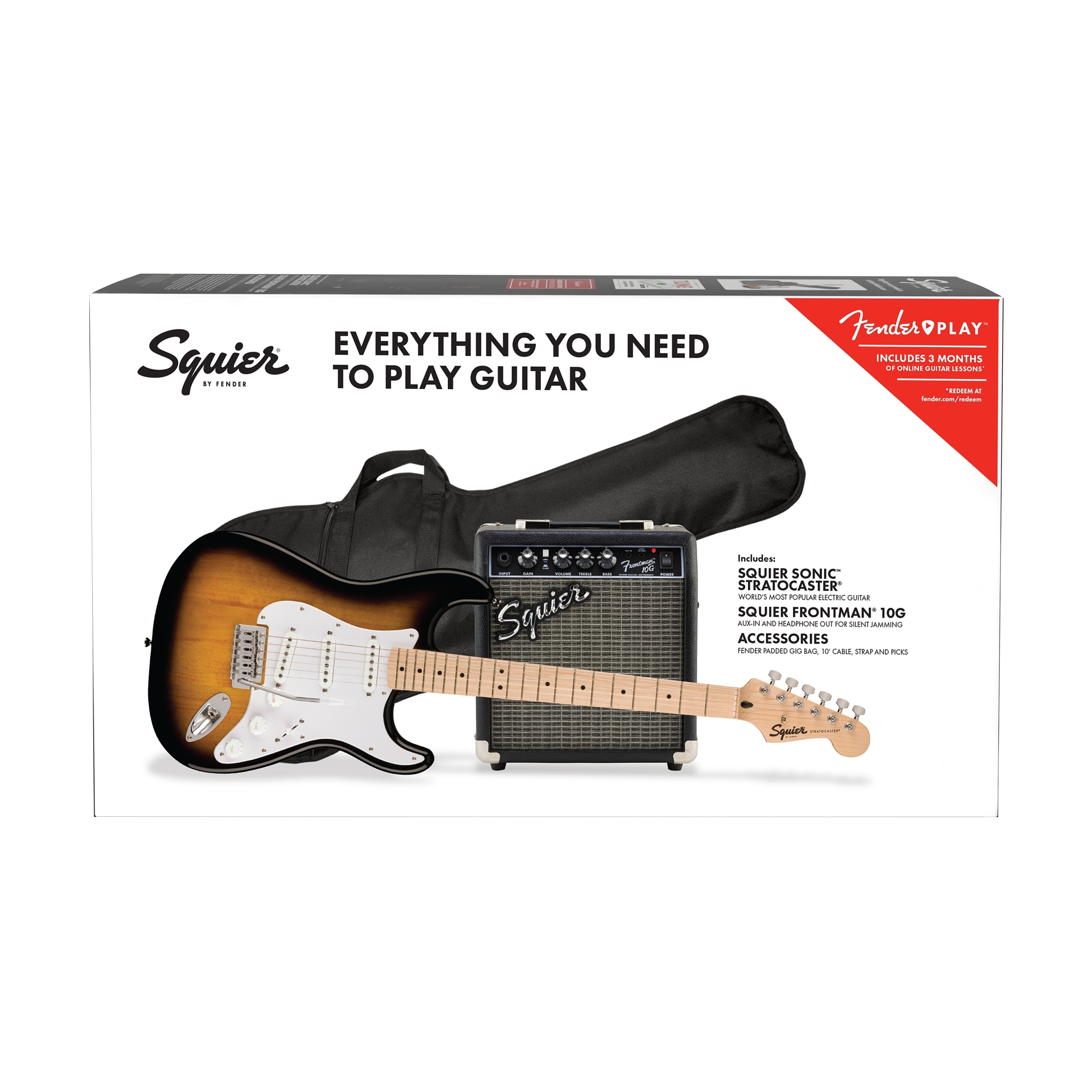 Squier Sonic Stratocaster Pack w/Gig Bag, Maple FB, 10G, 230V UK, 2-Color Sunburst