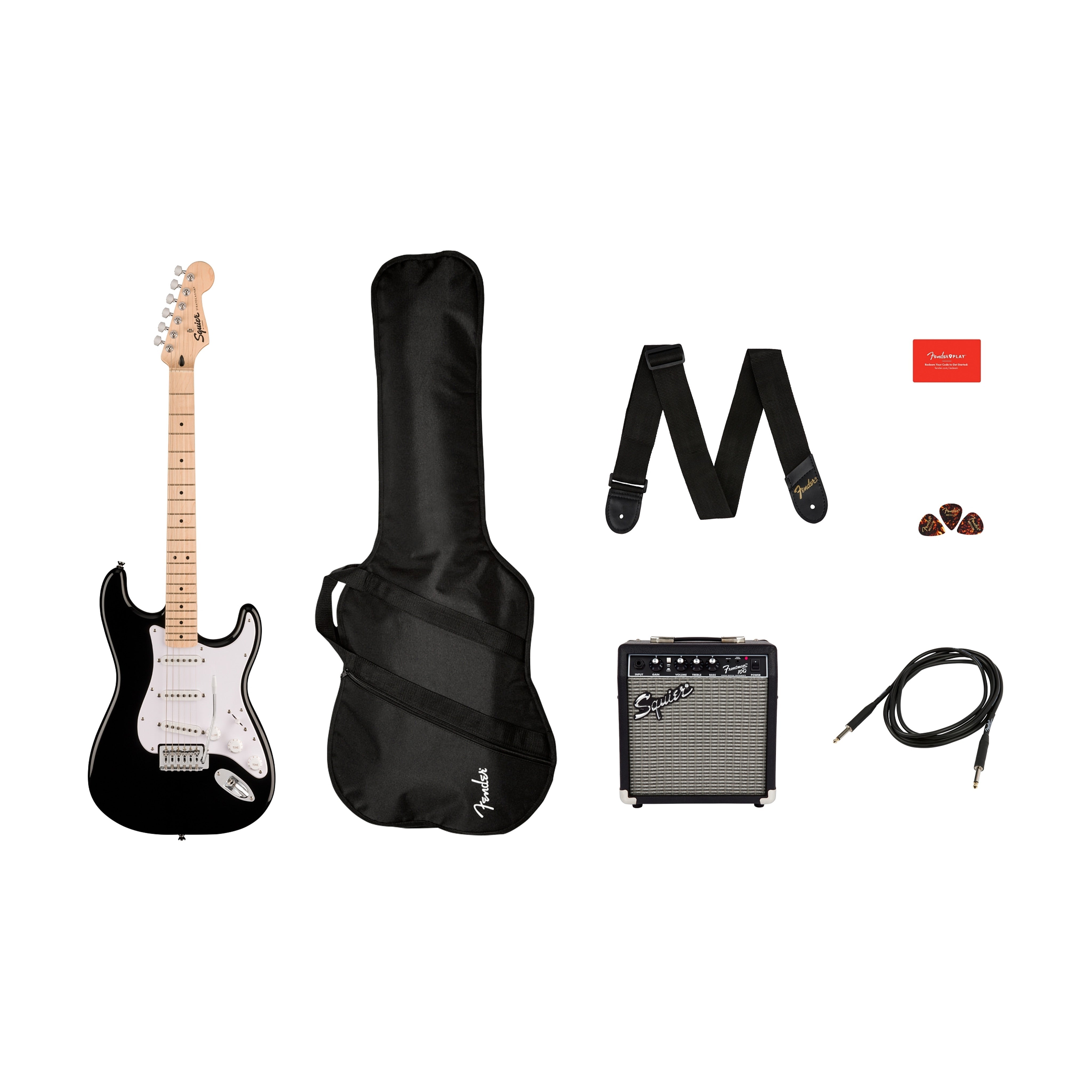 Squier Sonic Stratocaster Pack w/Gig Bag, Maple FB, 10G, 230V UK, Black |  SQUIER BY FENDER |  ELECTRIC GUITAR |  Zoso Music
