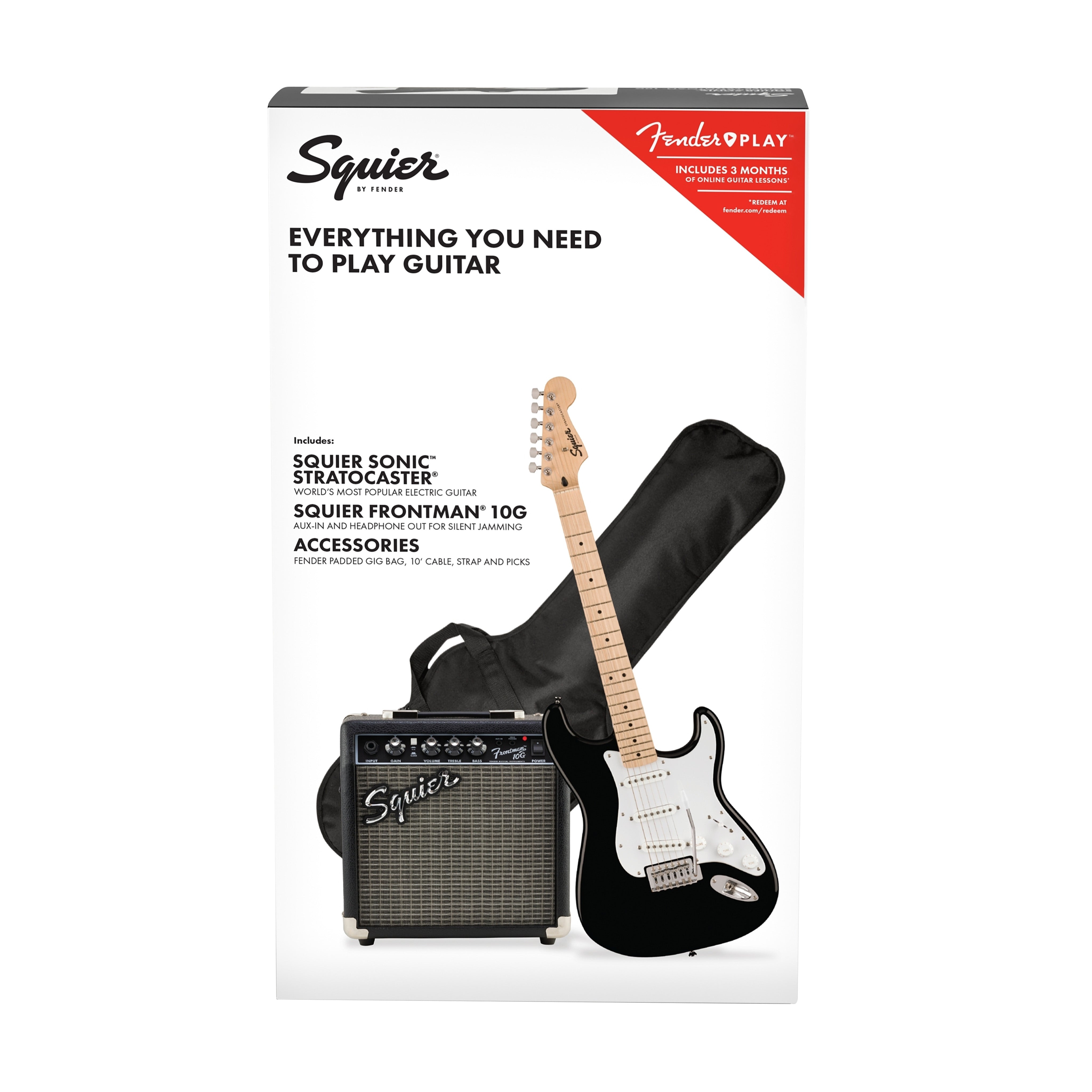 Squier Sonic Stratocaster Pack w/Gig Bag, Maple FB, 10G, 230V EU, Black