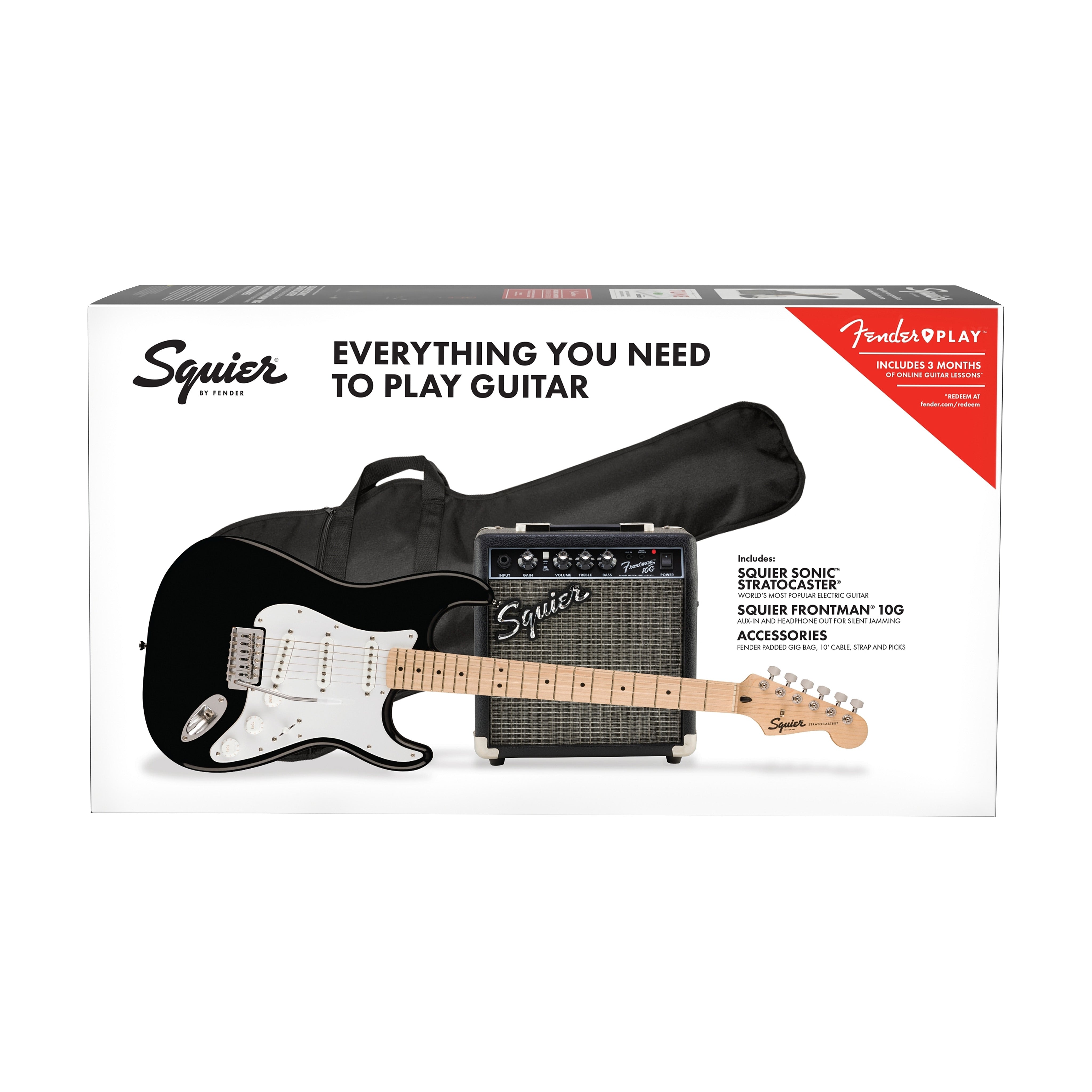 Squier Sonic Stratocaster Pack w/Gig Bag, Maple FB, 10G, 230V EU, Black