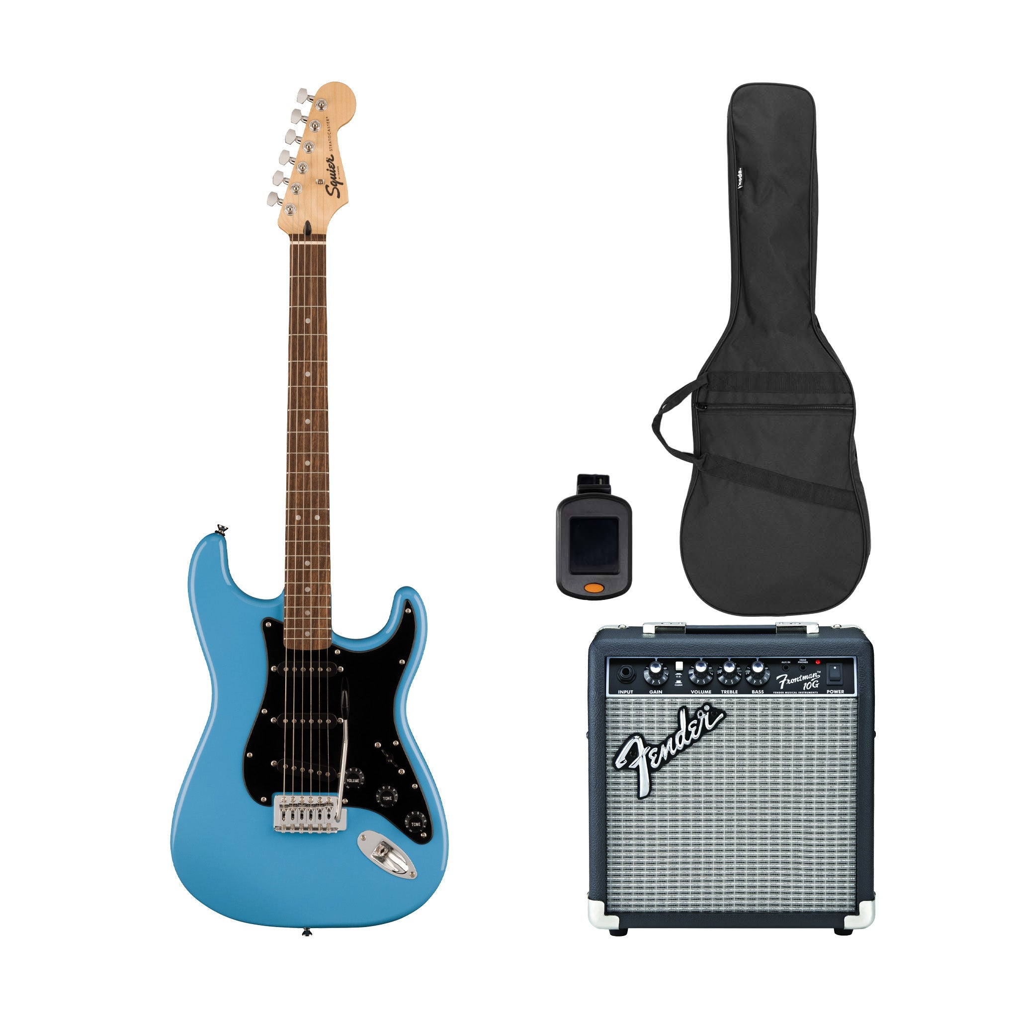 Squier Sonic Stratocaster Electric Guitar Bundle w/Black Pickguard, Laurel FB, California Blue | Zoso Music Sdn Bhd
